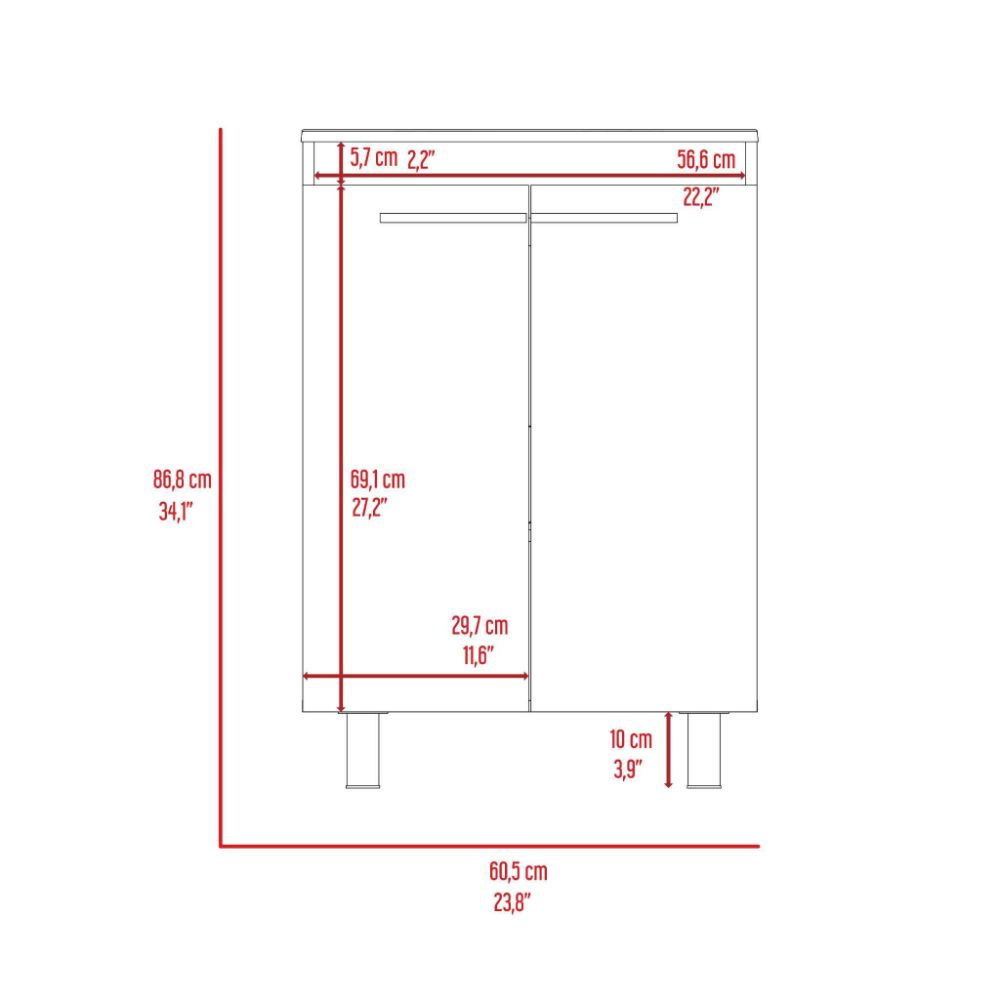 Oxnard Floor Cabinet with double doors in a pure white finish, designed for narrow-space bathrooms, featuring a reinforced resin countertop.