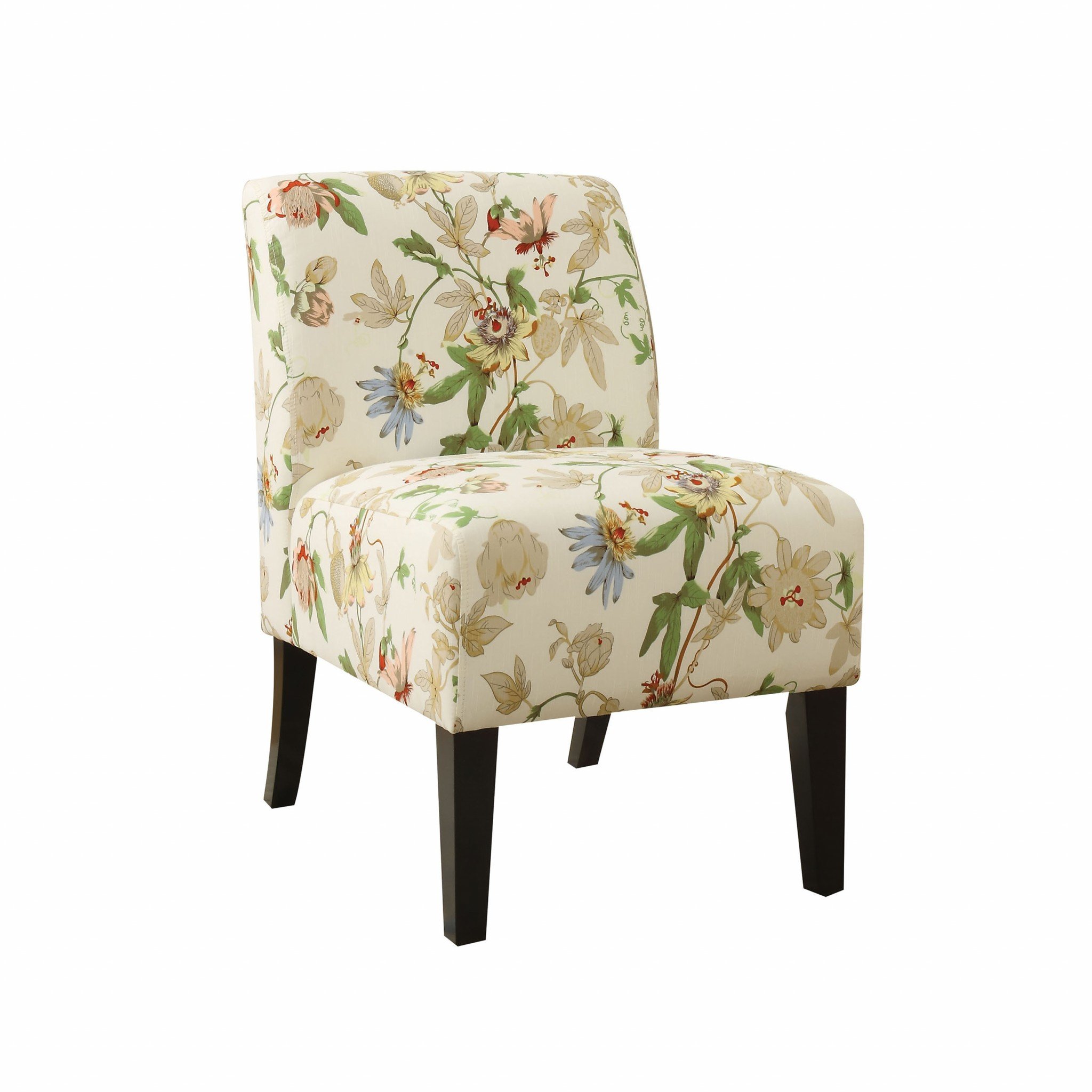 Floral Fabric Slipper Accent Chair with dark wood legs, featuring a contemporary floral pattern and padded cushions.