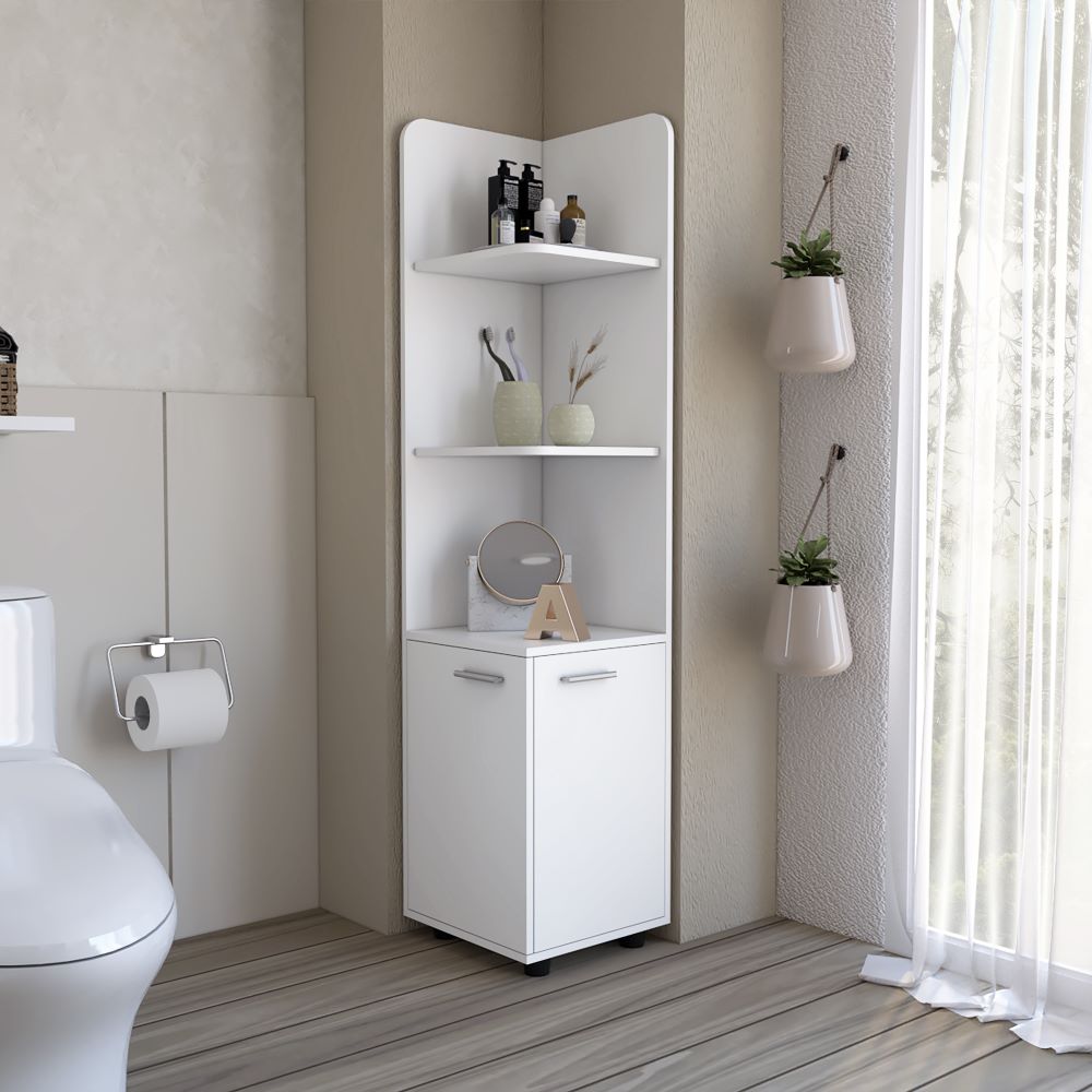 Kairatu freestanding cabinet in white finish featuring one drawer and three shelves, ideal for various rooms.