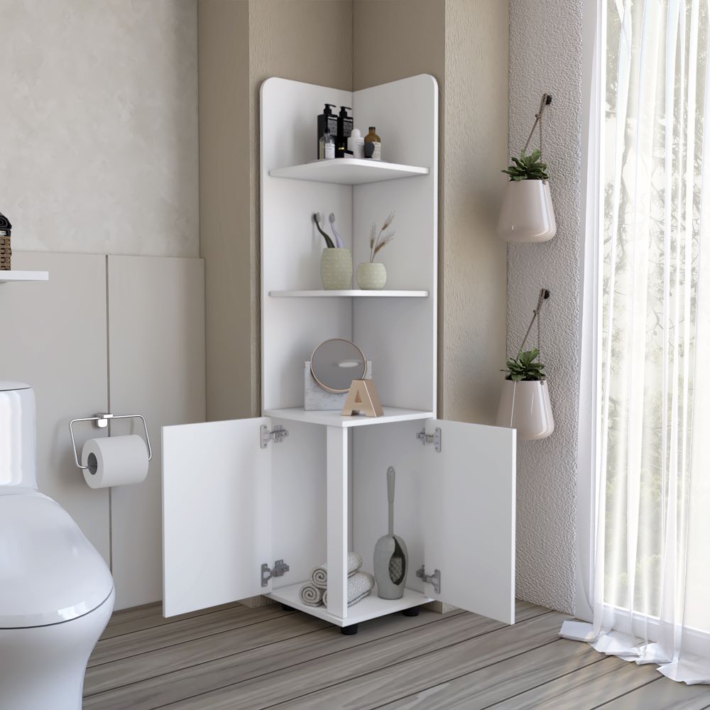 Kairatu freestanding cabinet in white finish featuring one drawer and three shelves, ideal for various rooms.