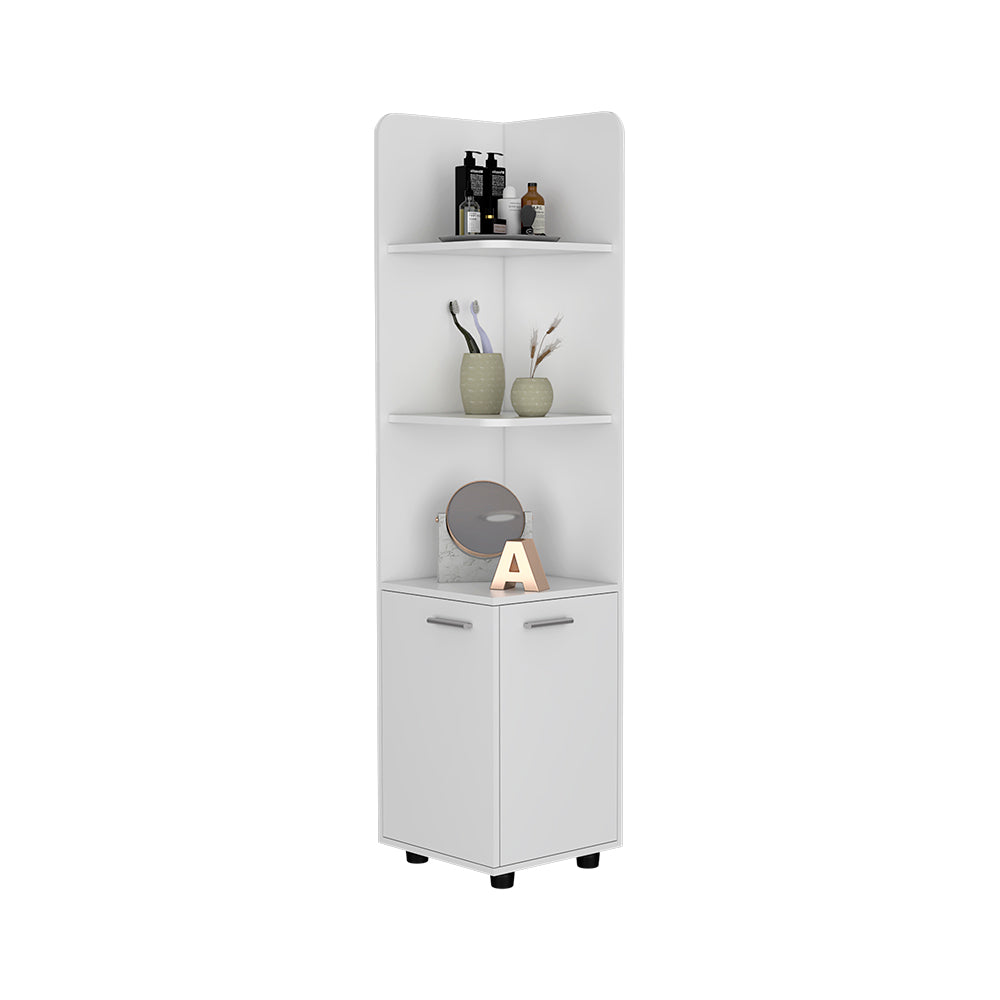 Kairatu freestanding cabinet in white finish featuring one drawer and three shelves, ideal for various rooms.