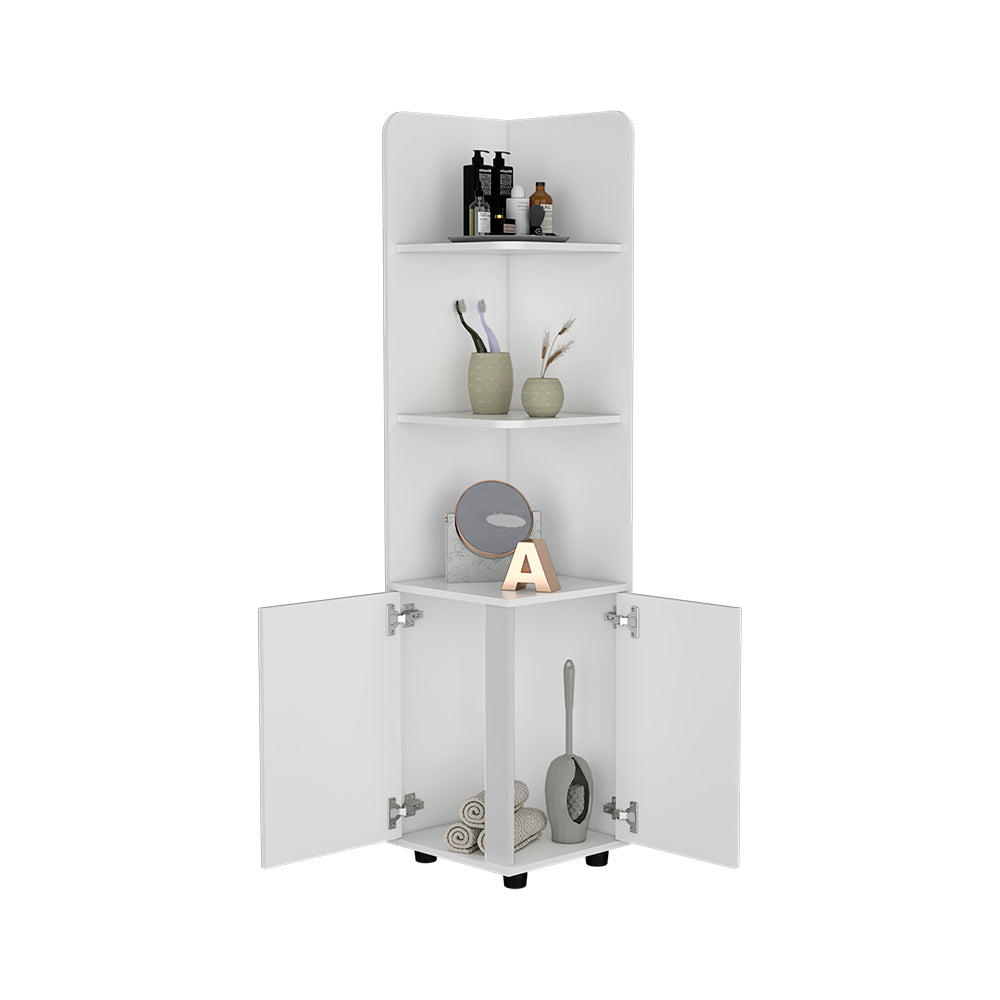 Kairatu freestanding cabinet in white finish featuring one drawer and three shelves, ideal for various rooms.