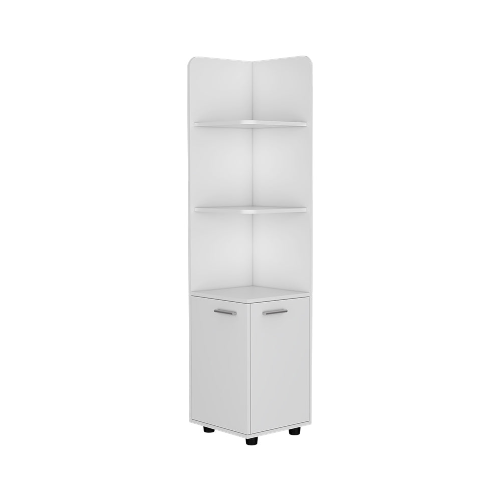 Kairatu freestanding cabinet in white finish featuring one drawer and three shelves, ideal for various rooms.