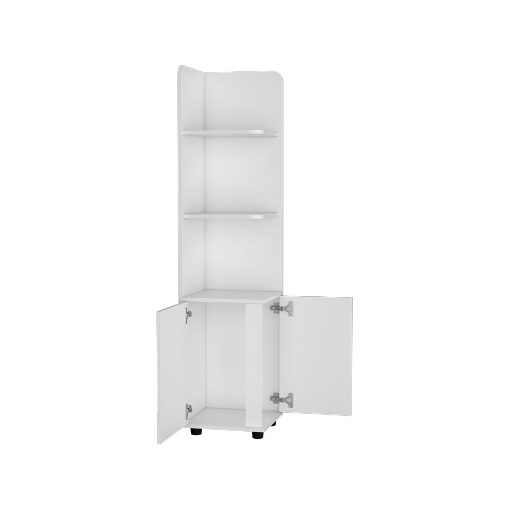 Kairatu freestanding cabinet in white finish featuring one drawer and three shelves, ideal for various rooms.