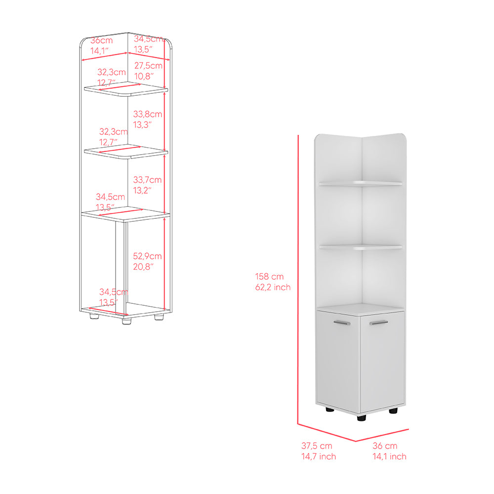 Kairatu freestanding cabinet in white finish featuring one drawer and three shelves, ideal for various rooms.