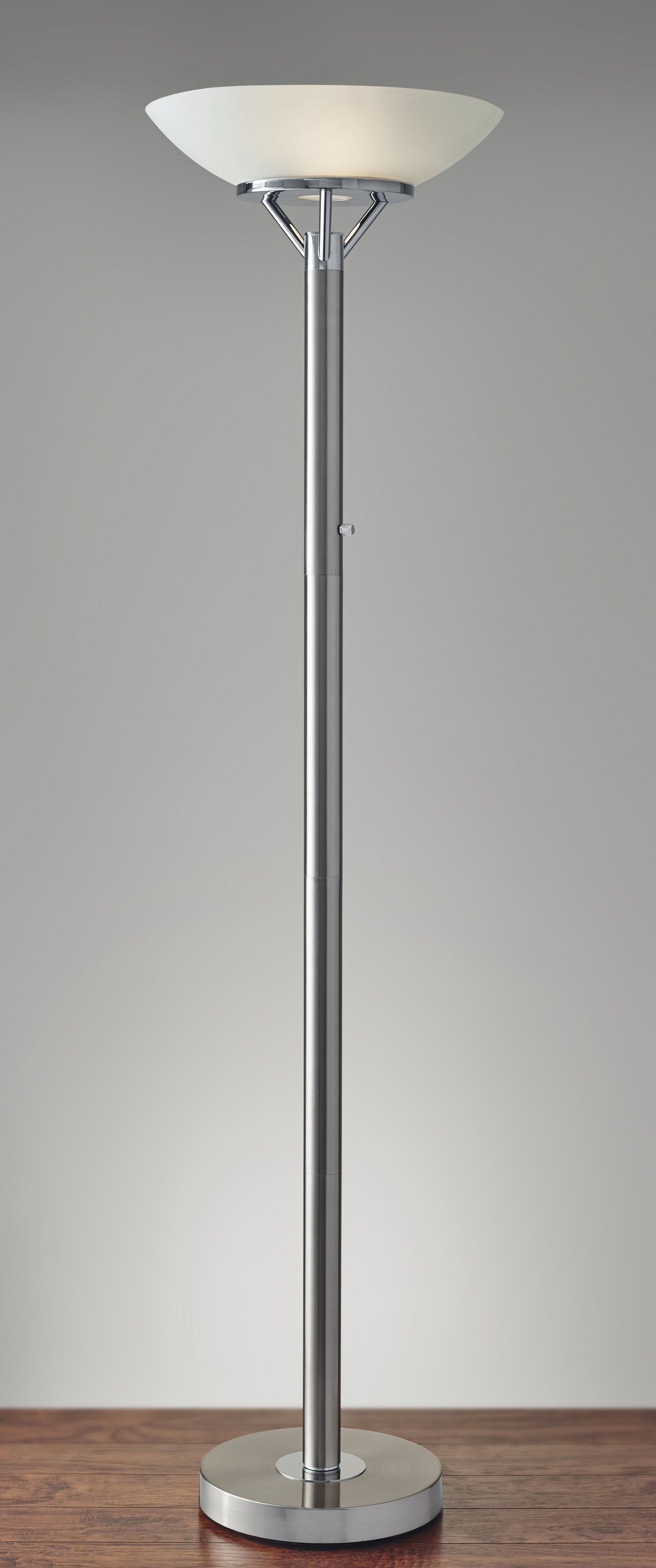 Frosted Glass Shade Uplighting Torchiere in Brushed Steel with chrome accents and a chunky pole, showcasing its elegant design.