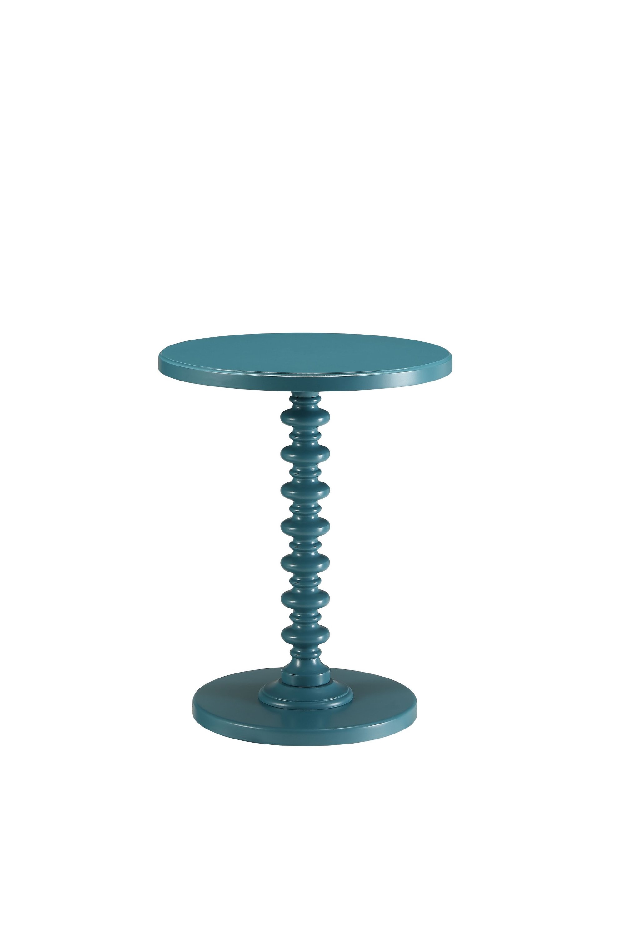 Fun Teal Wood Pedestal End Table featuring a round wooden top and base with a turned pedestal, showcasing a vibrant teal finish.