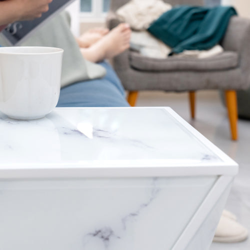 Geometry End Table featuring a marble textured glass top and sturdy MDF frame, ideal for modern home decor.