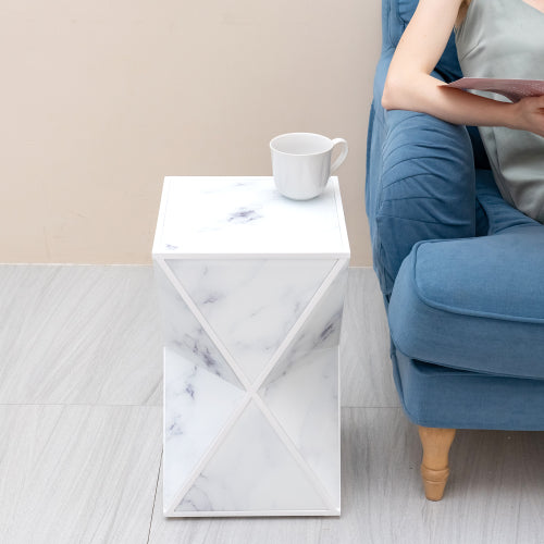 Geometry End Table featuring a marble textured glass top and sturdy MDF frame, ideal for modern home decor.