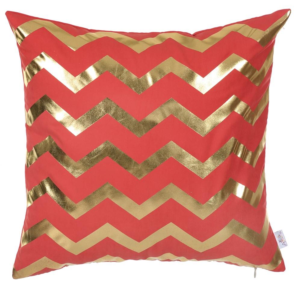 Gold and red chevron decorative throw pillow cover with hidden zipper, showcasing vibrant colors and luxurious brushed fabric.