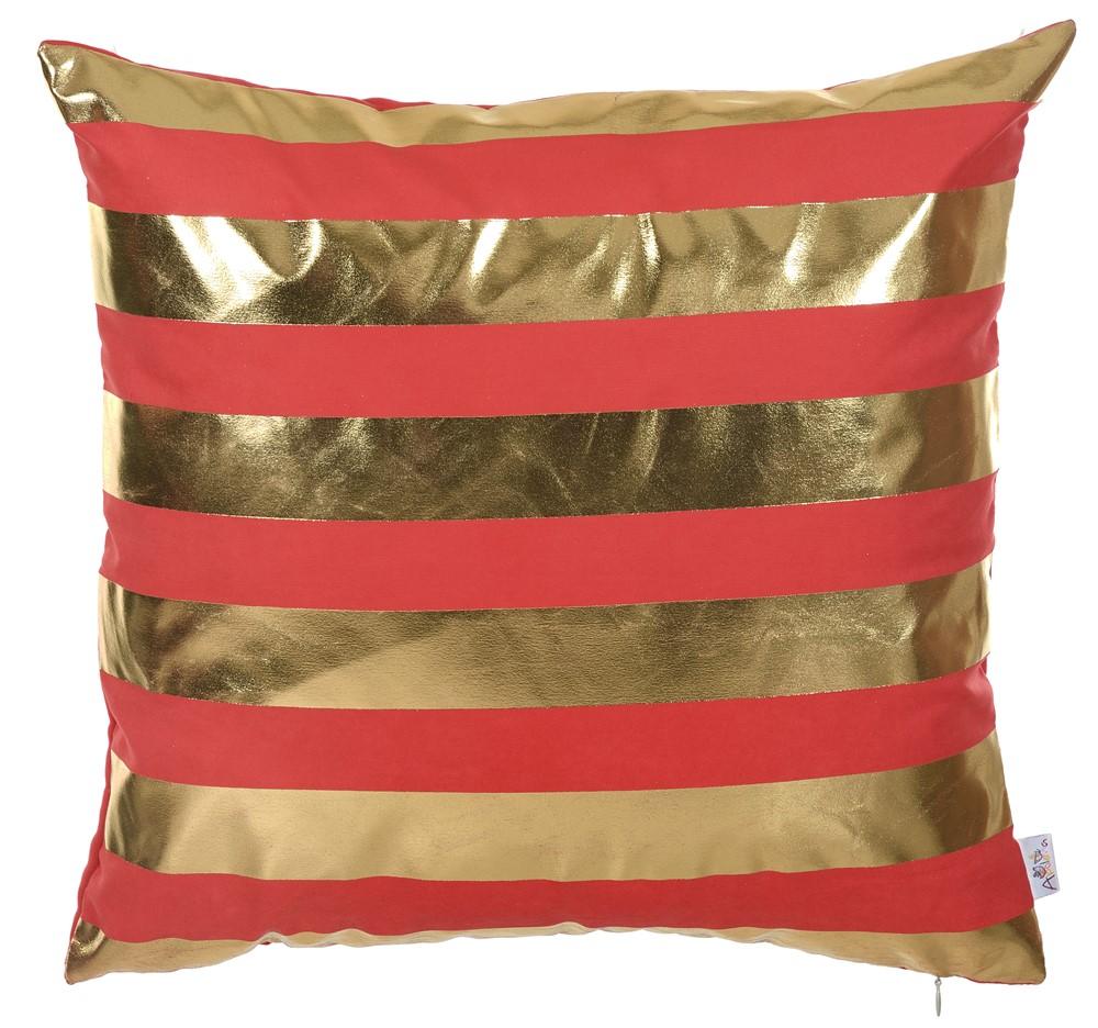 Gold and red wide stripe decorative throw pillow cover on a couch, showcasing its luxurious fabric and hidden zipper closure.