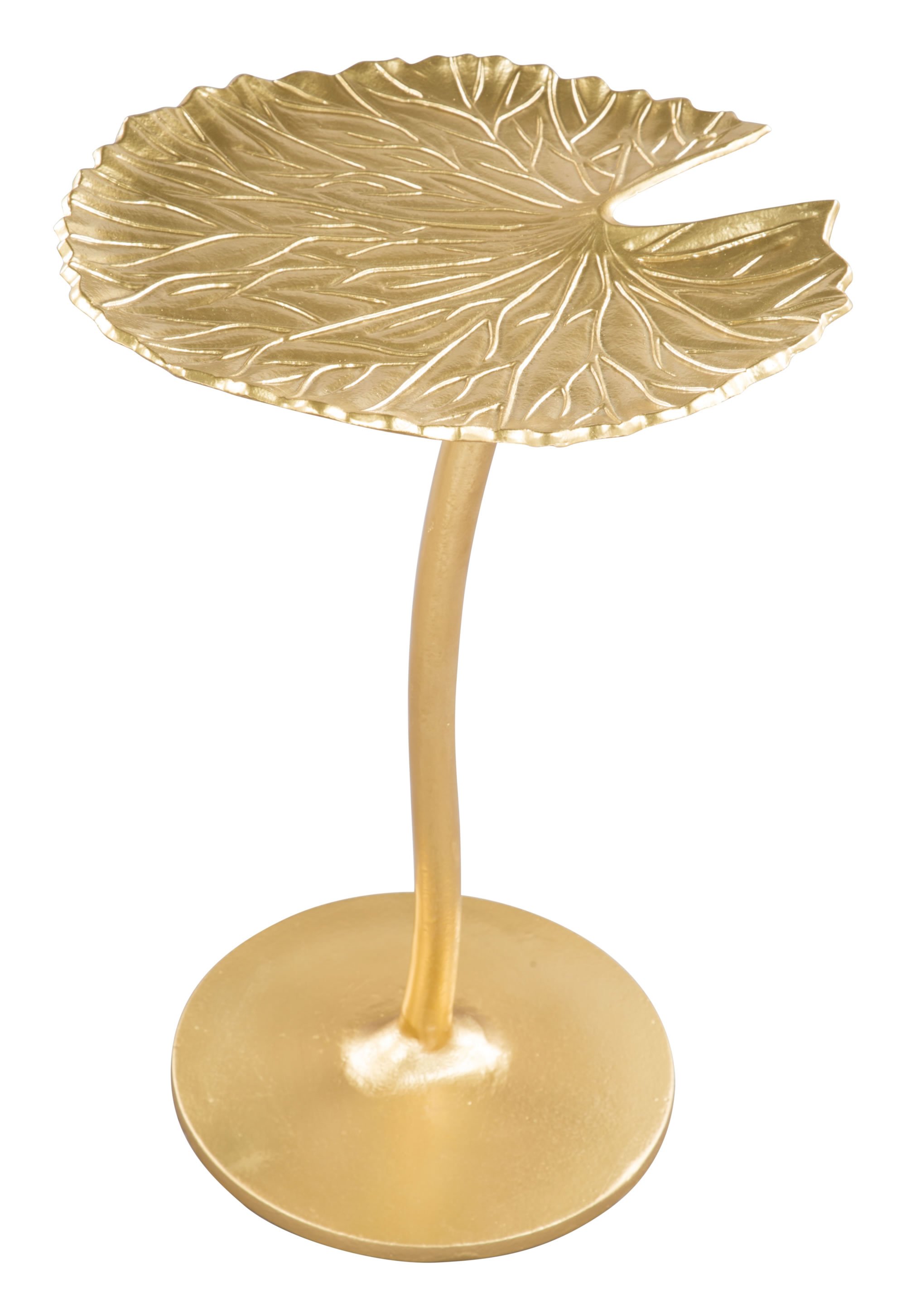 Golden Finish Lily Pad Side End Table with a textured top and curved base, resembling a lily pad, perfect for living rooms and bar areas.