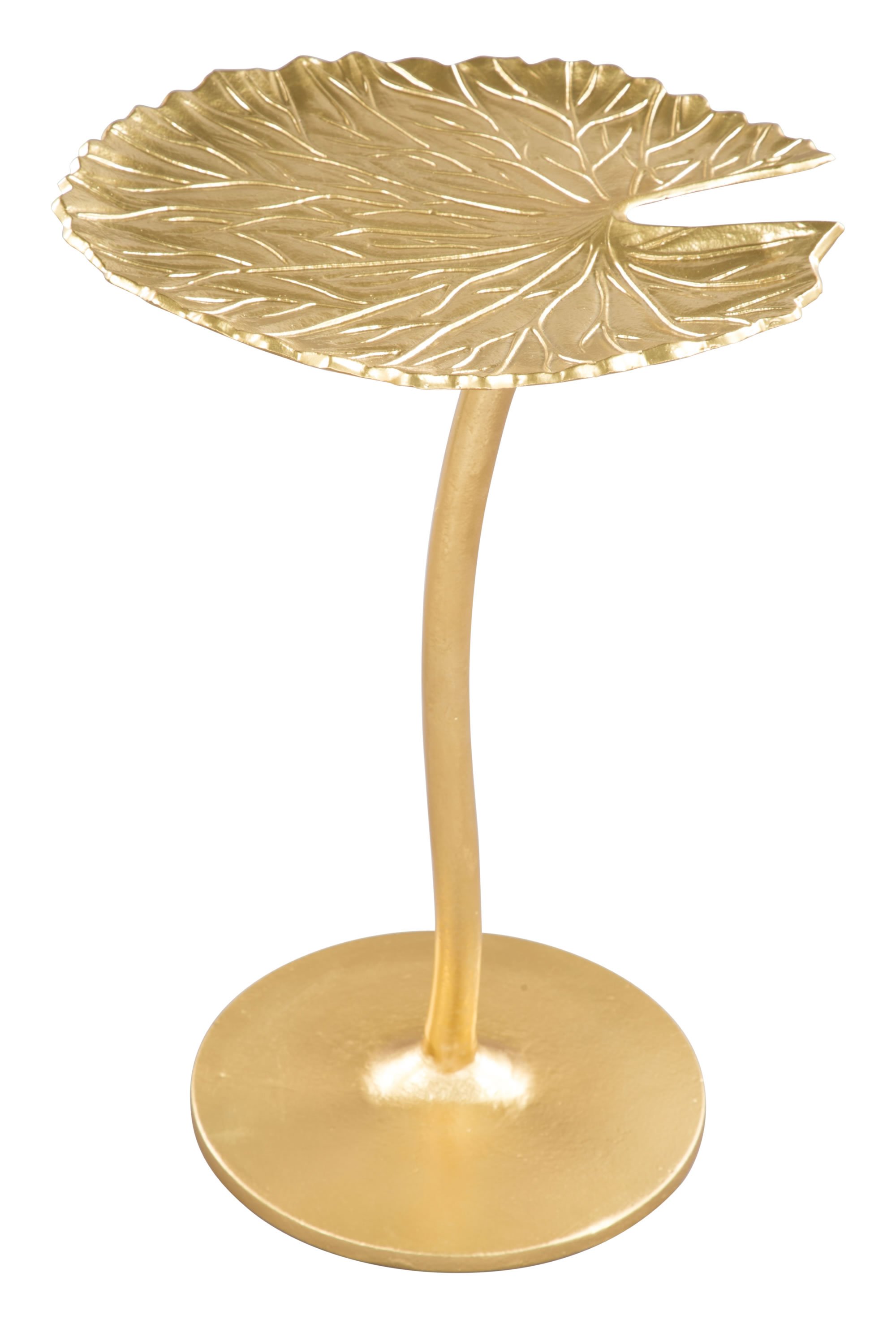 Golden Finish Lily Pad Side End Table with a textured top and curved base, resembling a lily pad, perfect for living rooms and bar areas.