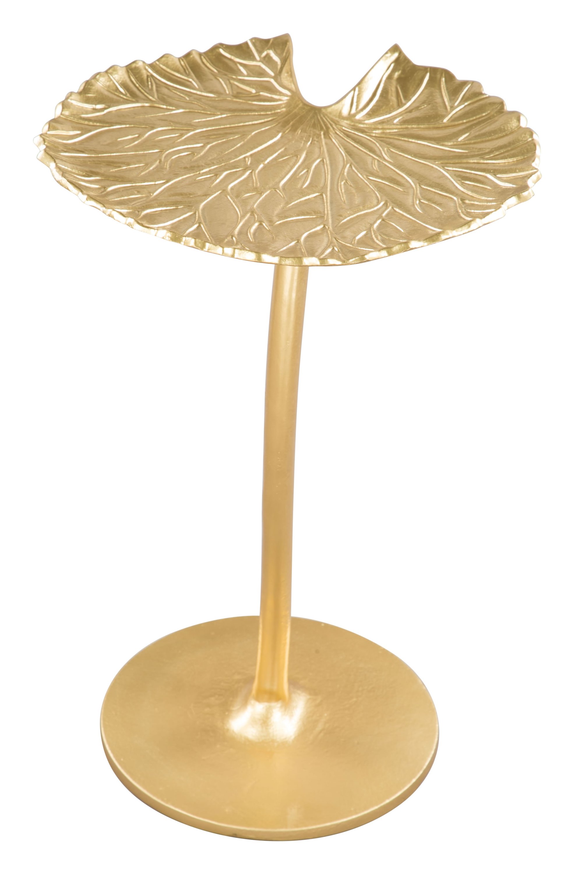 Golden Finish Lily Pad Side End Table with a textured top and curved base, resembling a lily pad, perfect for living rooms and bar areas.