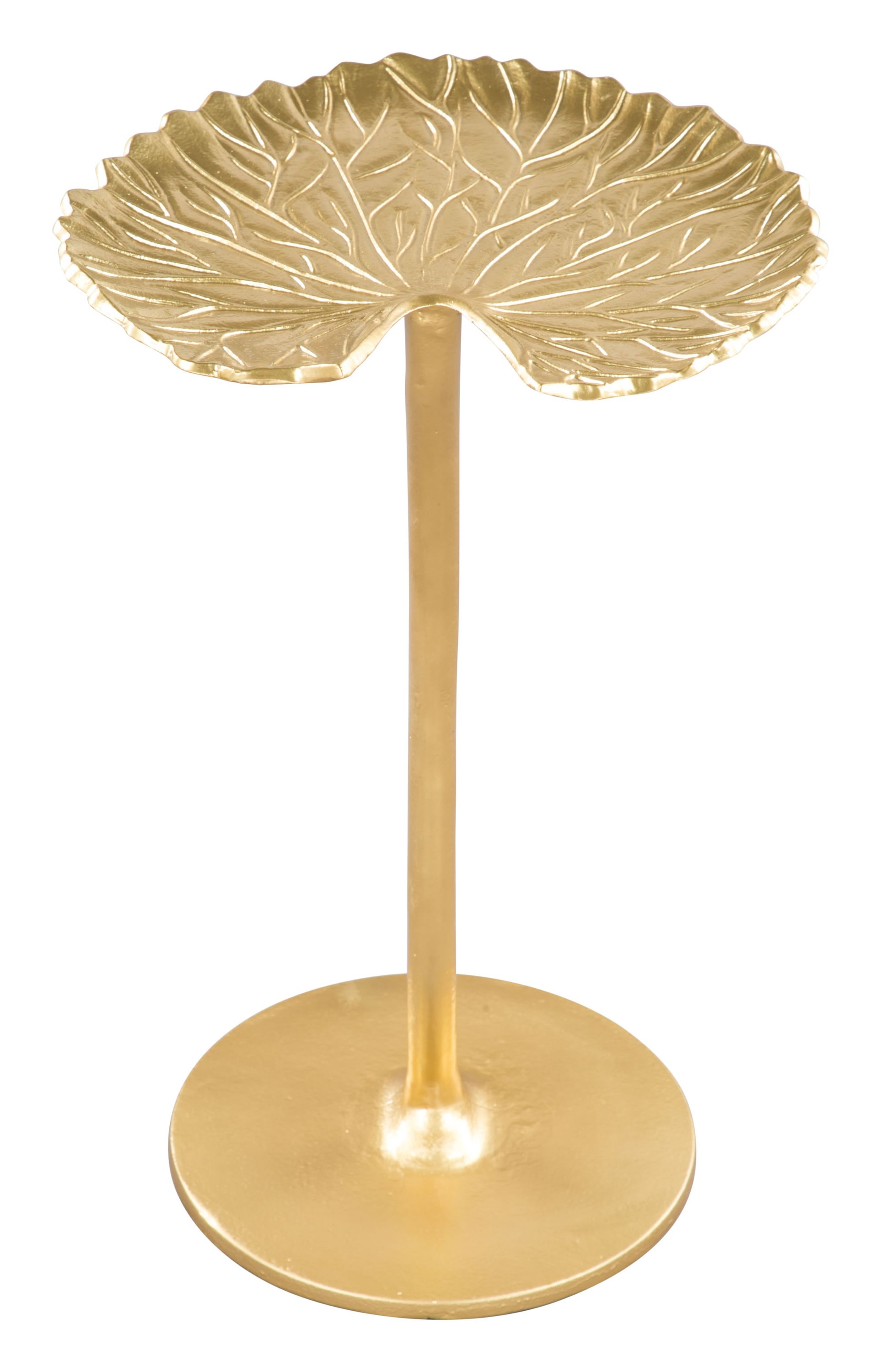 Golden Finish Lily Pad Side End Table with a textured top and curved base, resembling a lily pad, perfect for living rooms and bar areas.