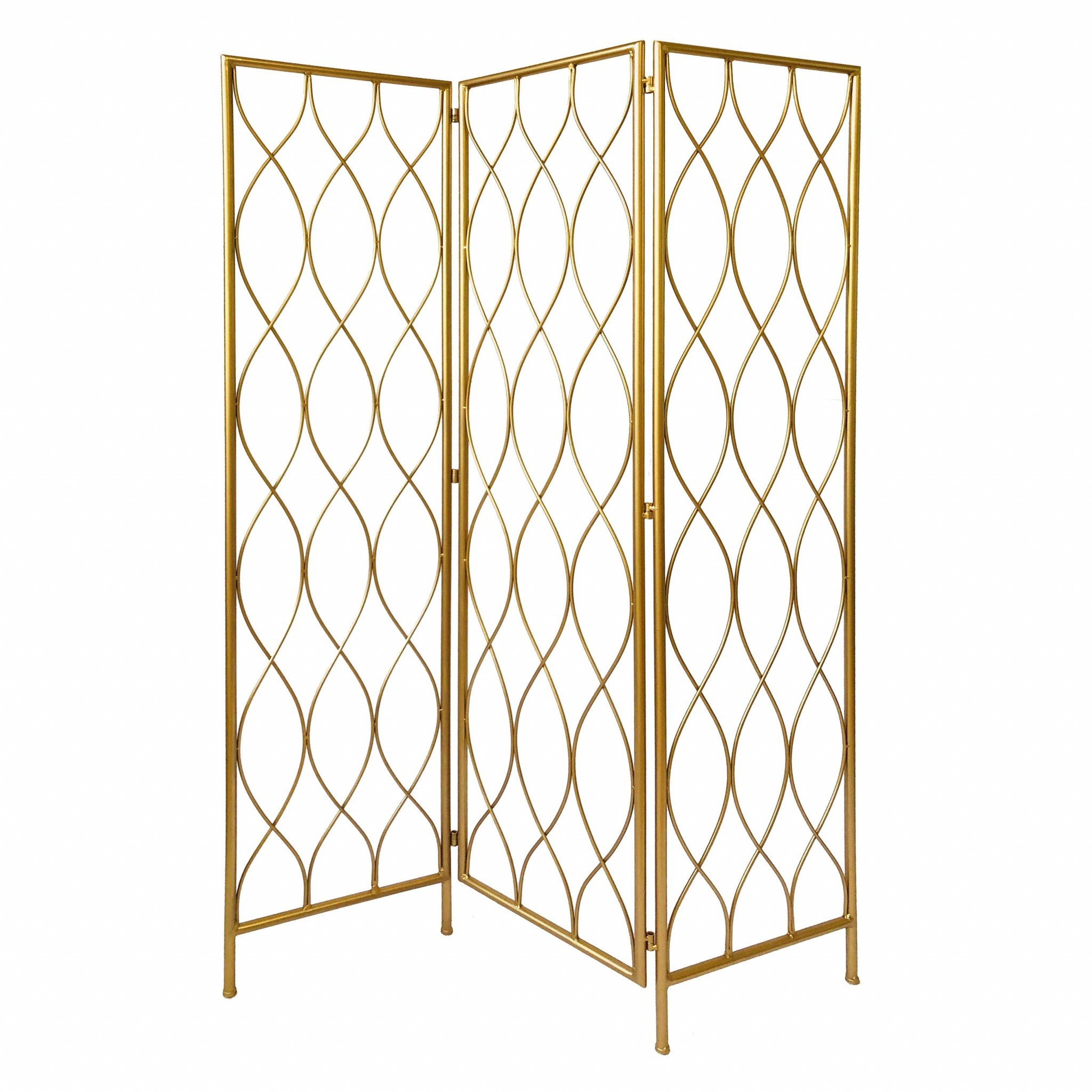 Golden Scroll Three Panel Room Divider Screen featuring intricate golden designs and a luxurious finish, perfect for enhancing living spaces.