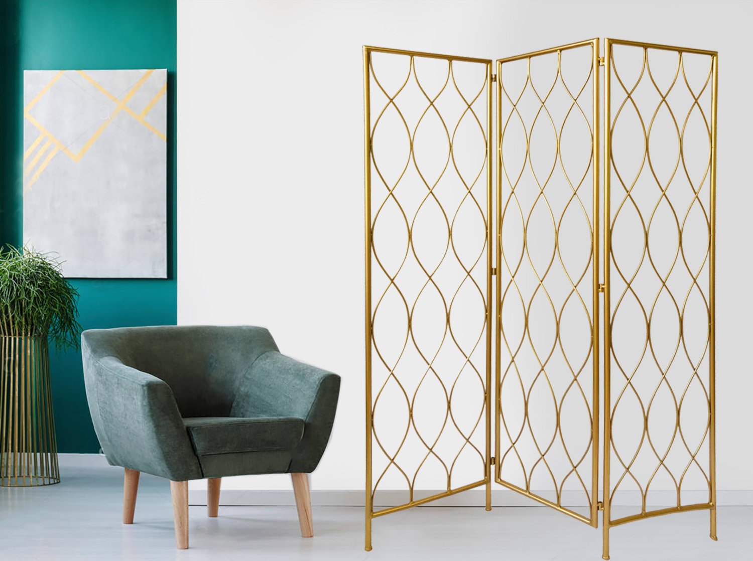 Golden Scroll Three Panel Room Divider Screen featuring intricate golden designs and a luxurious finish, perfect for enhancing living spaces.