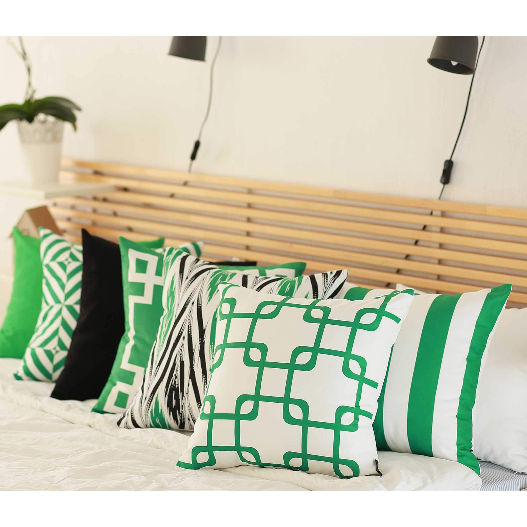 Grass green and white geometric decorative throw pillow cover with hidden zipper, showcasing vibrant patterns on luxurious brushed fabric.