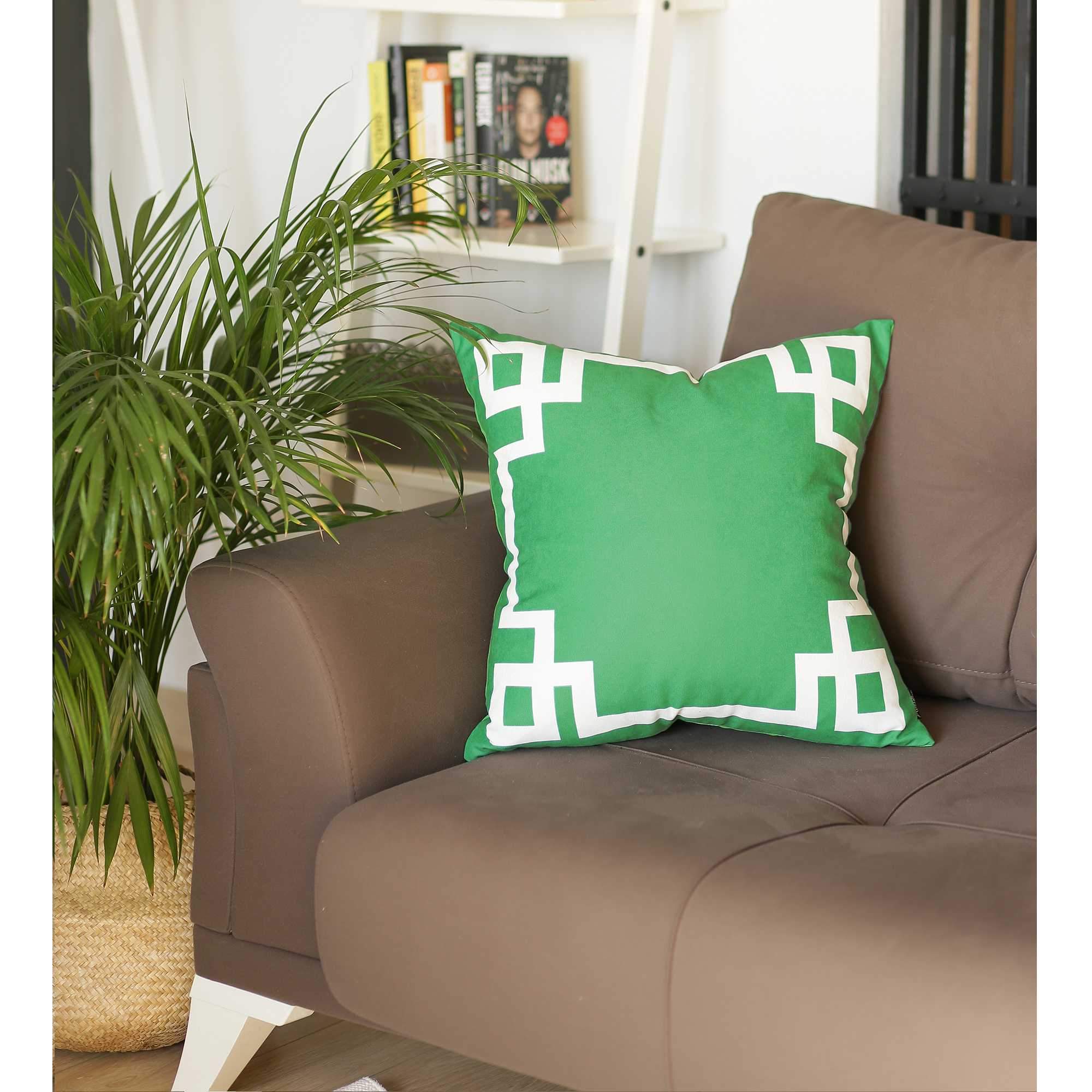 Grass green and white geometric decorative throw pillow cover with hidden zipper, showcasing vibrant patterns on luxurious brushed fabric.