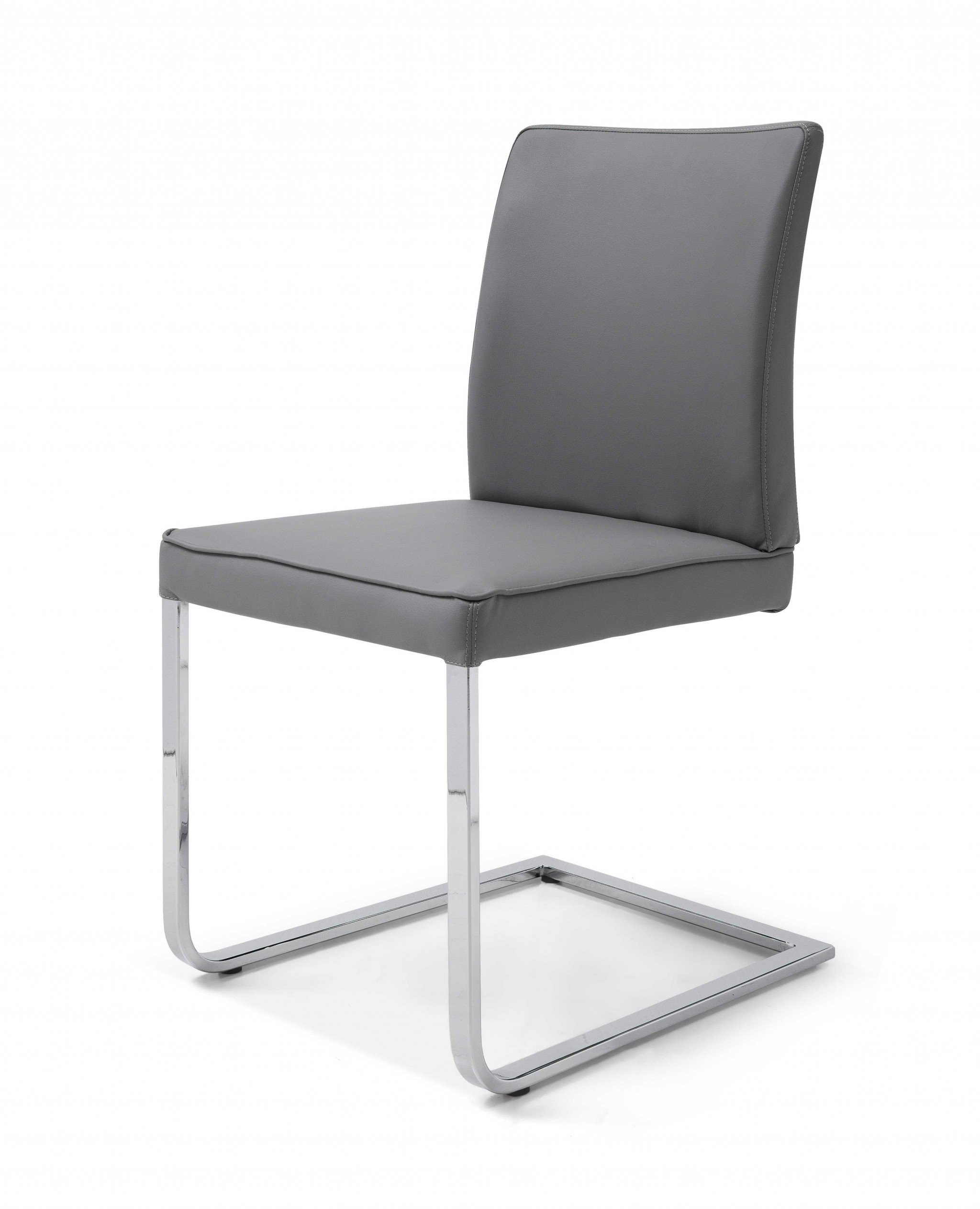 Gray faux leather dining chair with chrome legs, showcasing a modern design suitable for dining or office use.