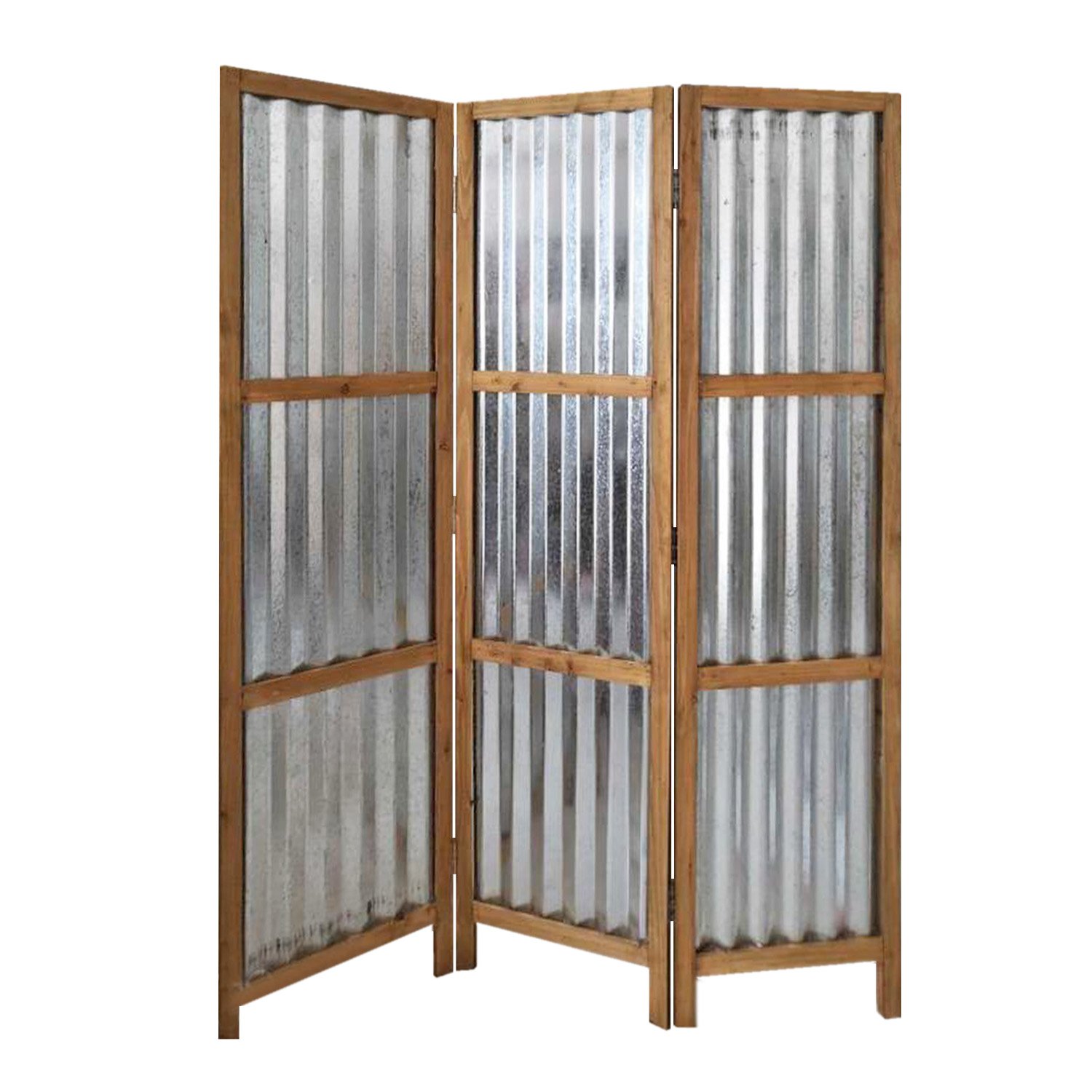 Gray industrial galvanized metal three panel room divider screen with corrugated design, perfect for modern interiors.