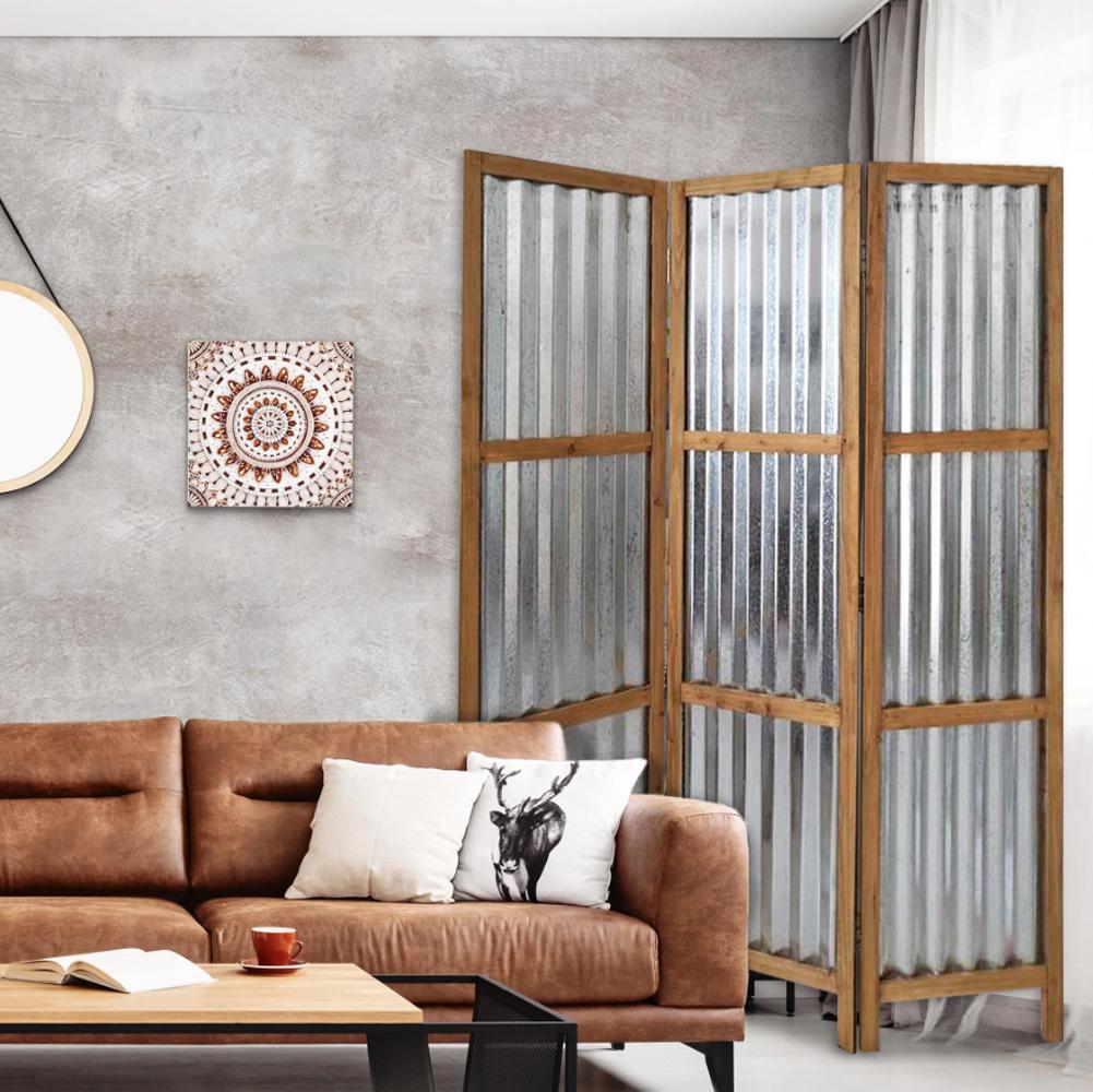 Gray industrial galvanized metal three panel room divider screen with corrugated design, perfect for modern interiors.