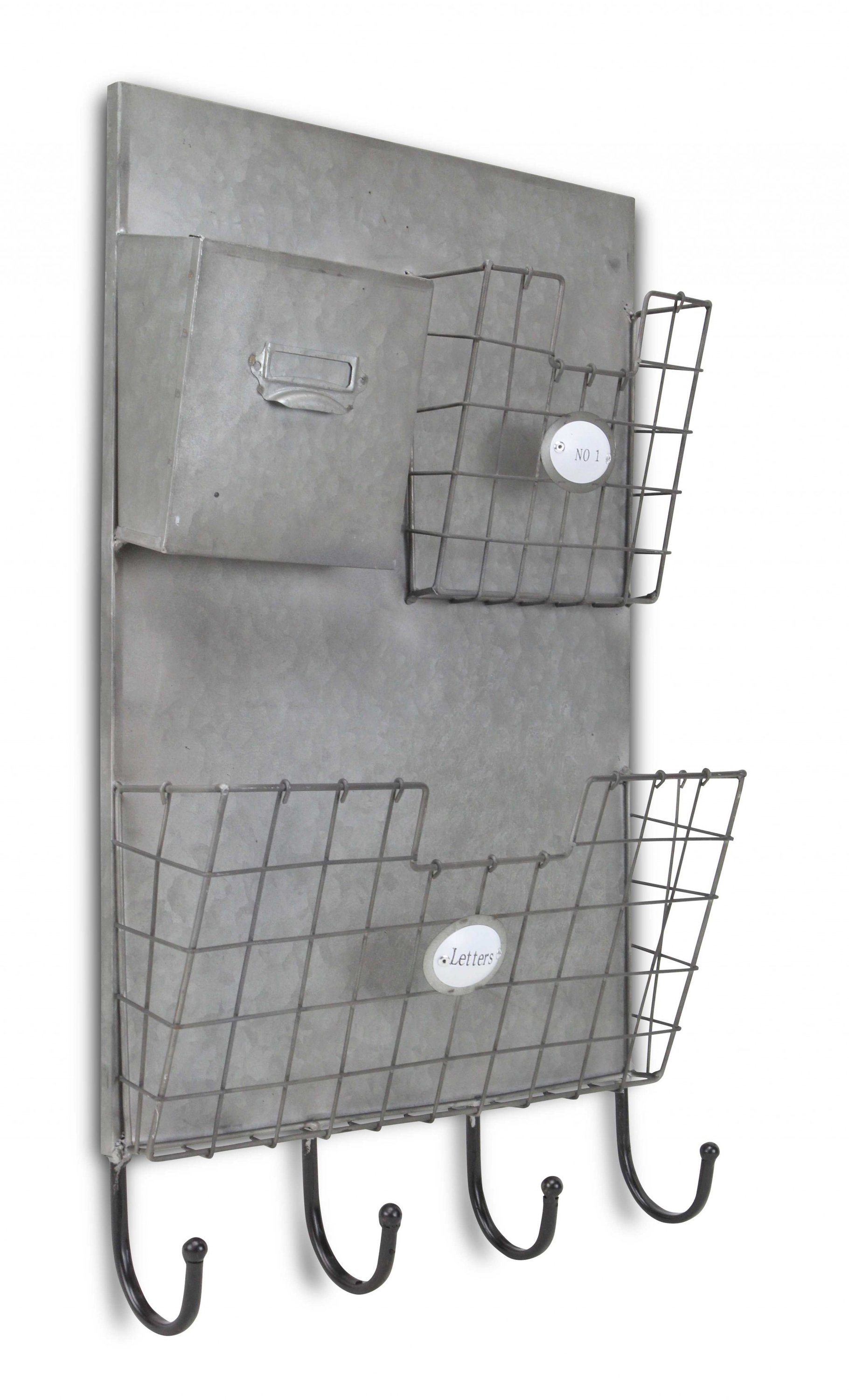 Gray metal organizer featuring 3 storage pockets and 4 hooks, designed for stylish home organization.