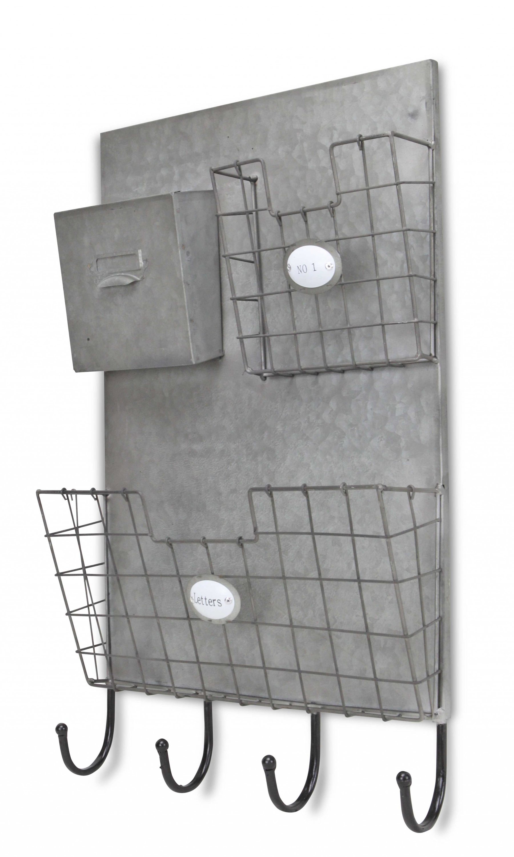 Gray metal organizer featuring 3 storage pockets and 4 hooks, designed for stylish home organization.