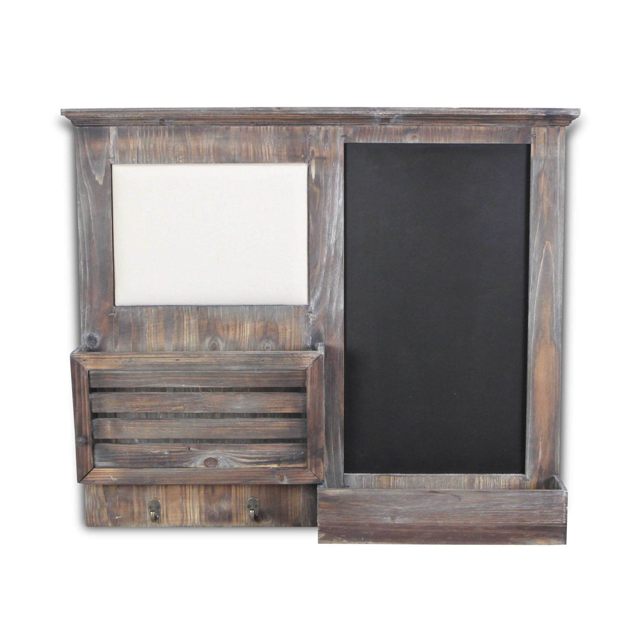 Gray wooden wall chalkboard with a side storage basket, featuring a large writing surface and a pin cushion, perfect for home decor.