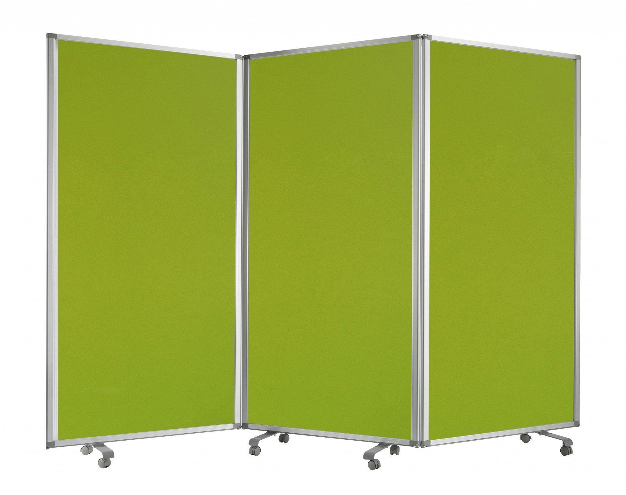 Green Rolling Three Panel Room Divider Screen with wheels, stylish olive fabric, and accordion design, perfect for room partitioning.