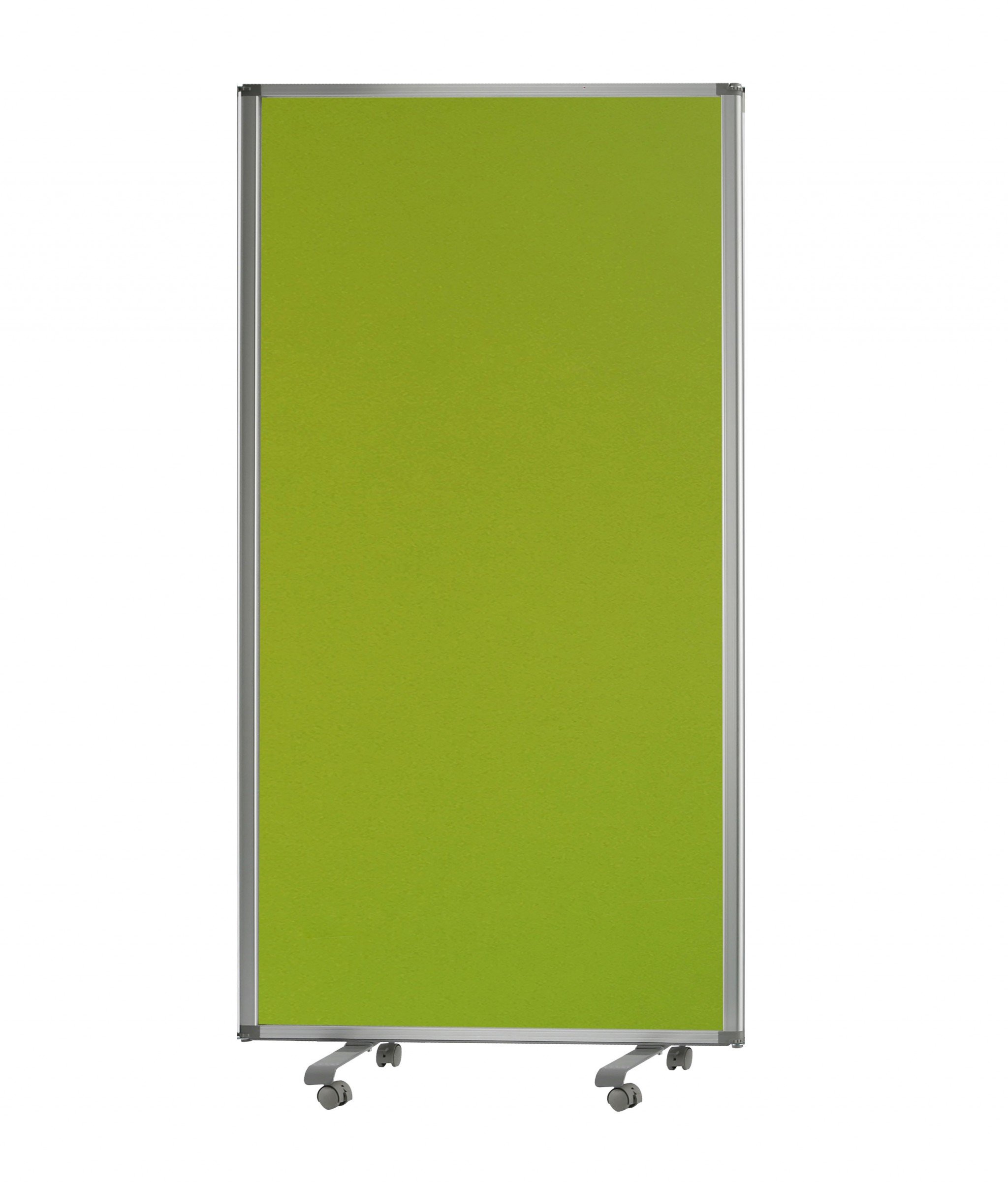 Green Rolling Three Panel Room Divider Screen with wheels, stylish olive fabric, and accordion design, perfect for room partitioning.