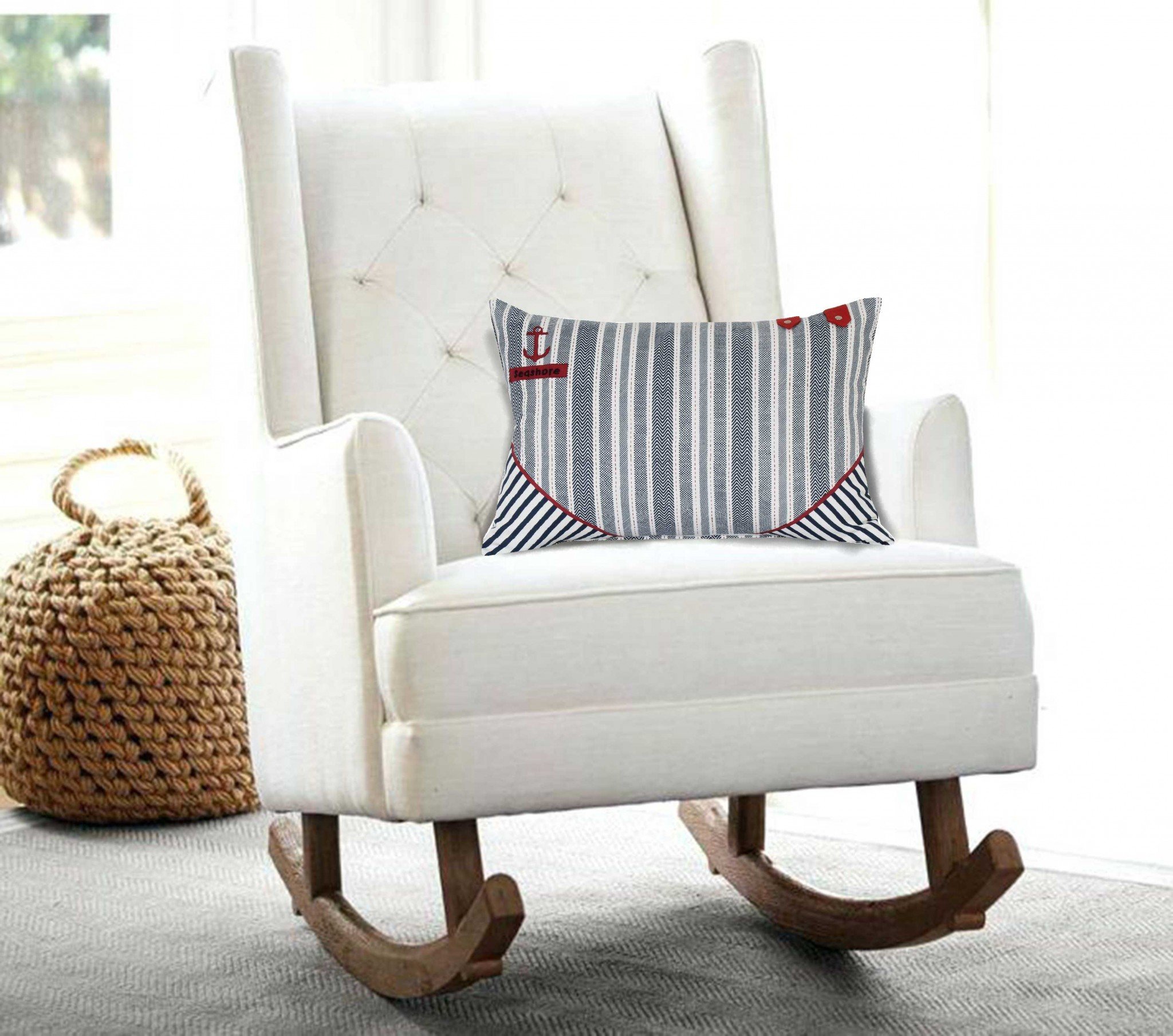 Grey pillow cover with ship anchor pattern and poly insert, showcasing a nautical design in a charming blue finish.