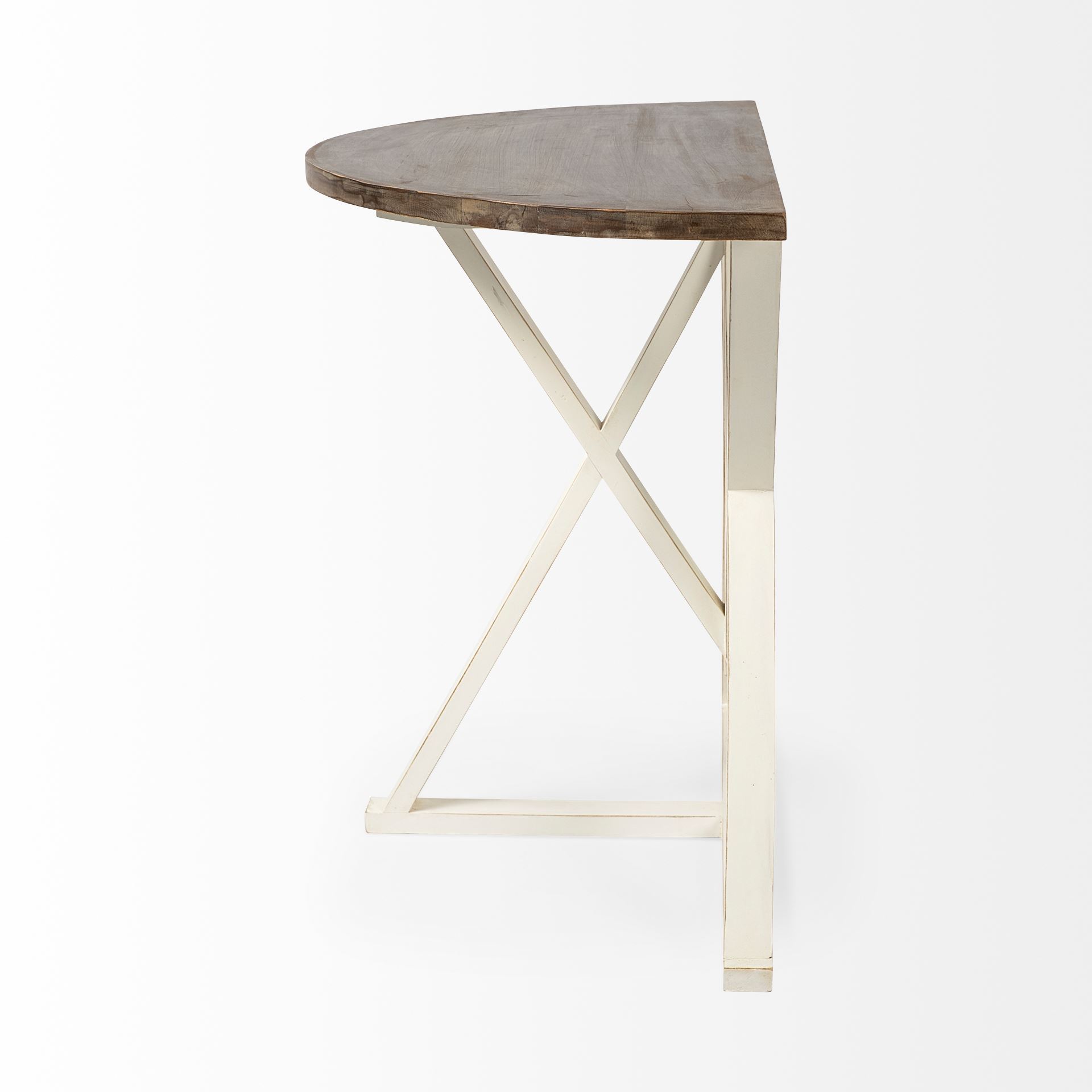 Half moon shaped console table made of mango wood with a white finish, featuring a geometric base for stability.