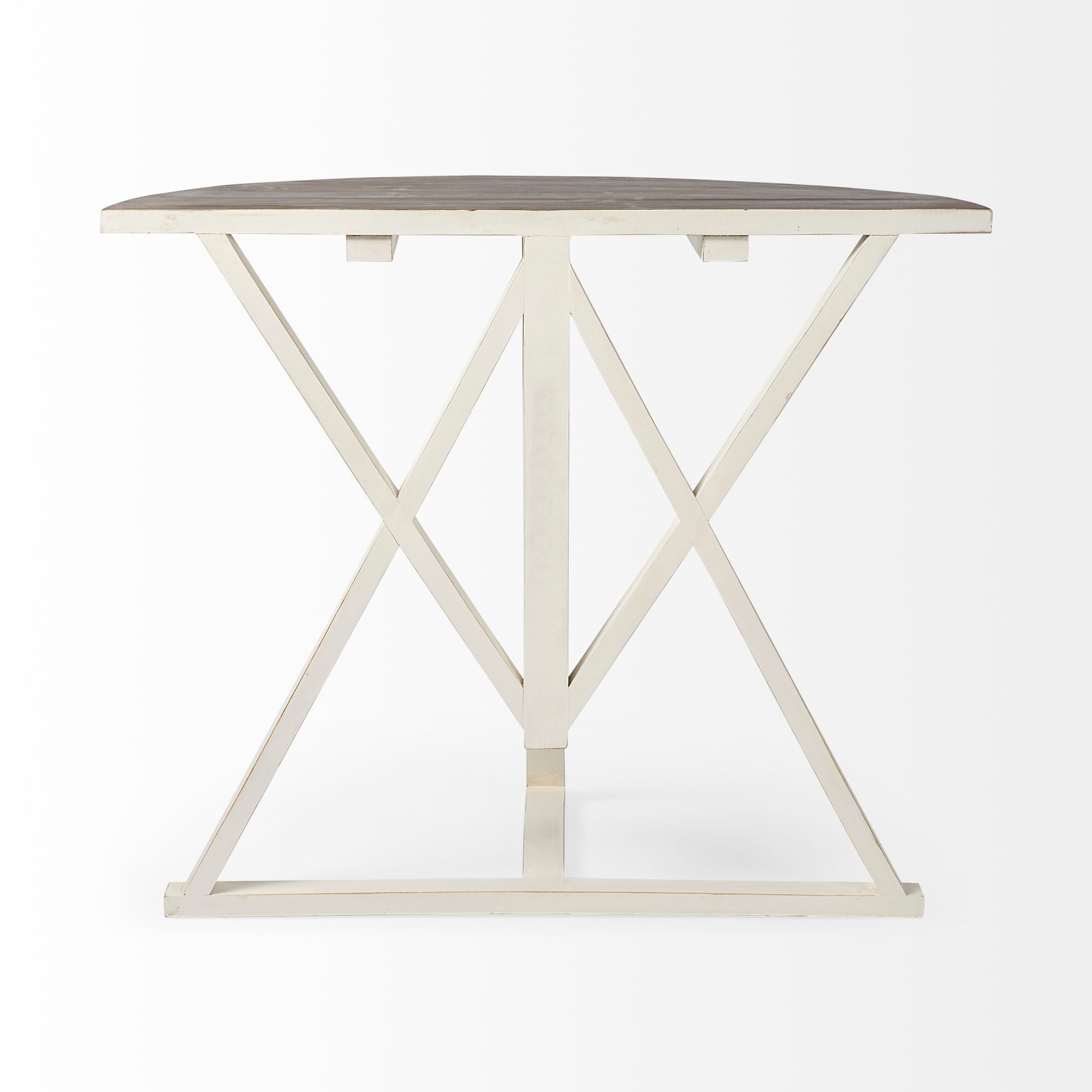 Half moon shaped console table made of mango wood with a white finish, featuring a geometric base for stability.