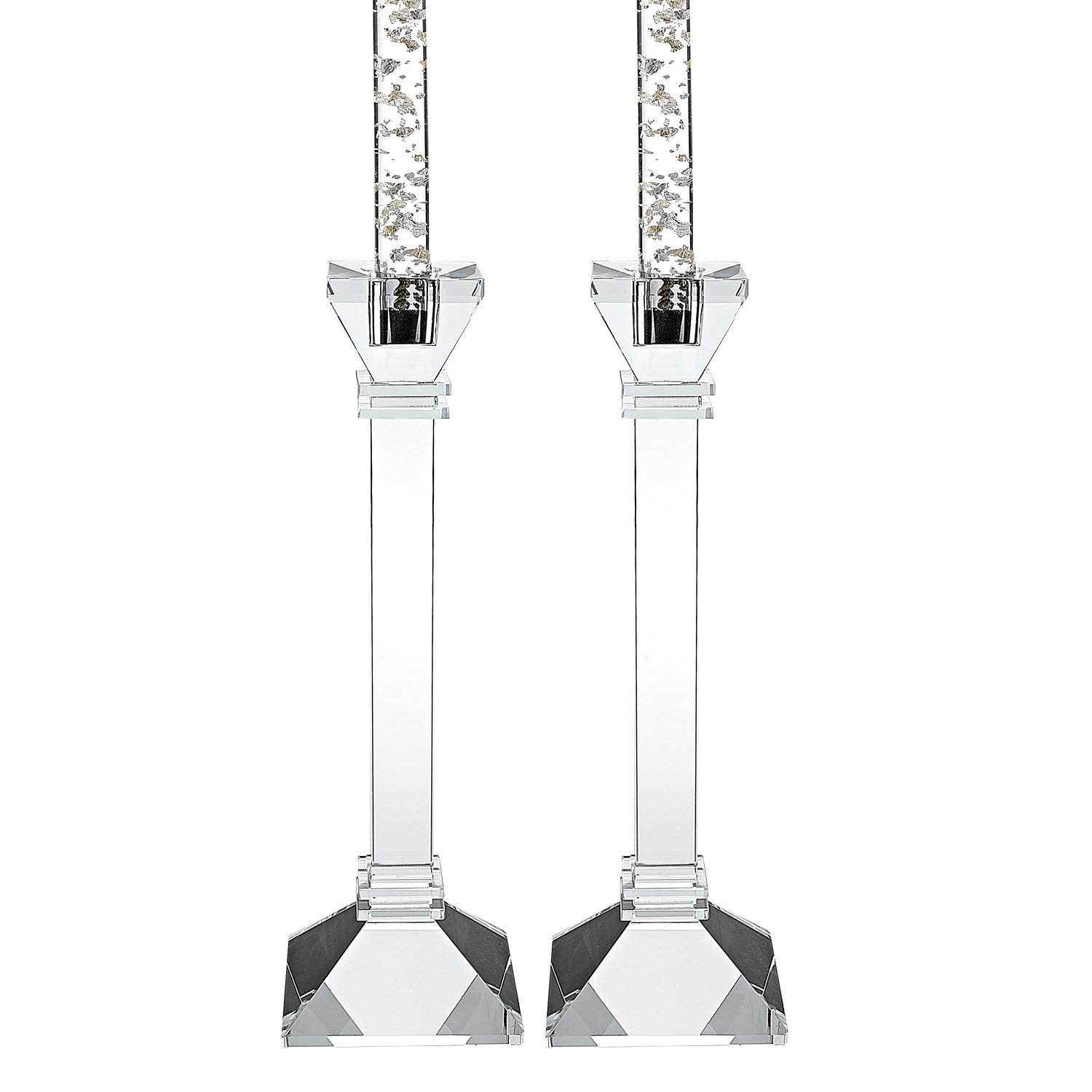 A pair of elegant hand crafted crystal candle holders, showcasing their clear design and intricate craftsmanship, perfect for enhancing candlelight.