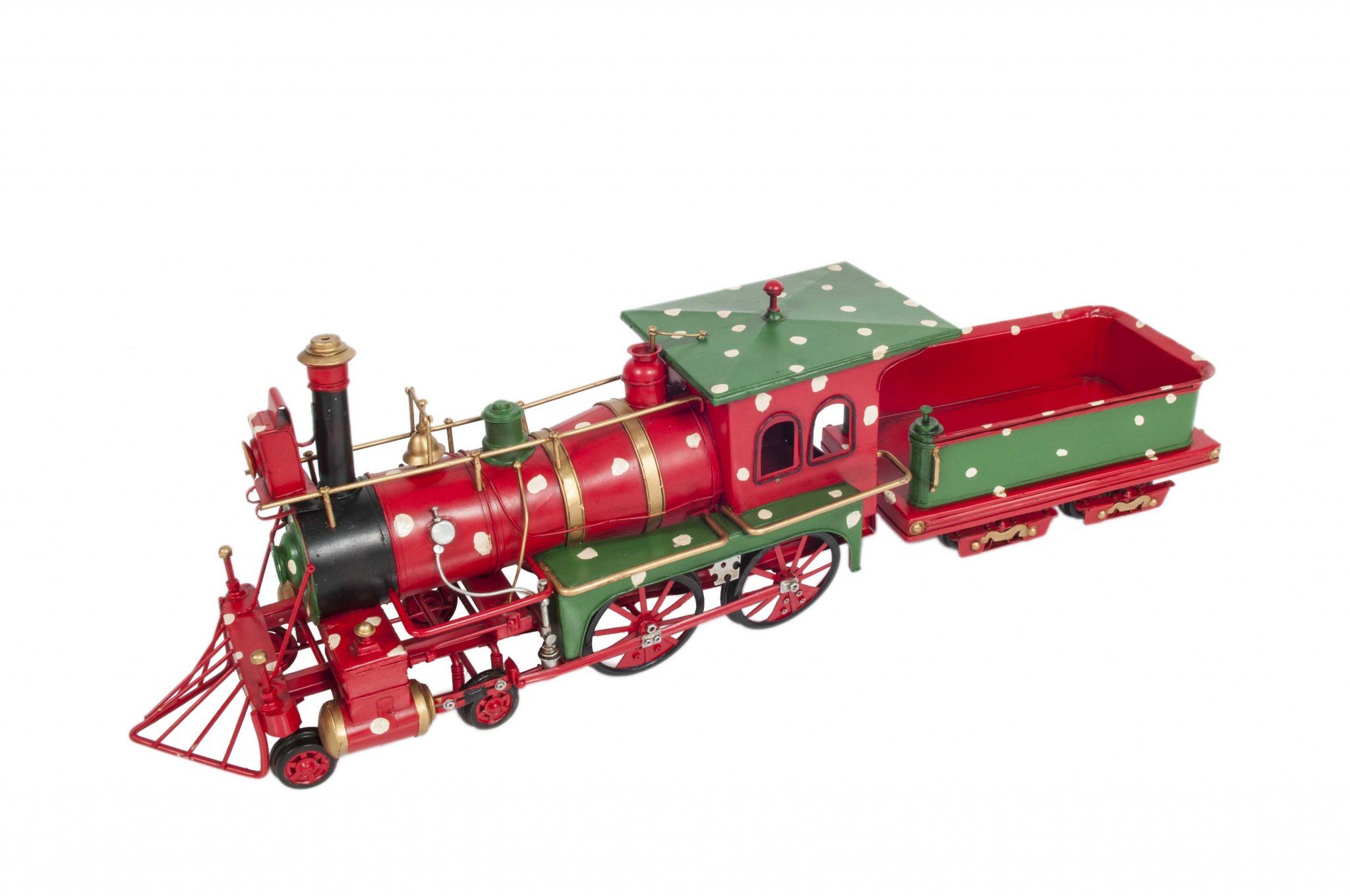 A beautifully crafted Handmade Tin Christmas Train Model in vibrant red, featuring intricate details like rolling wheels and a detachable caboose.