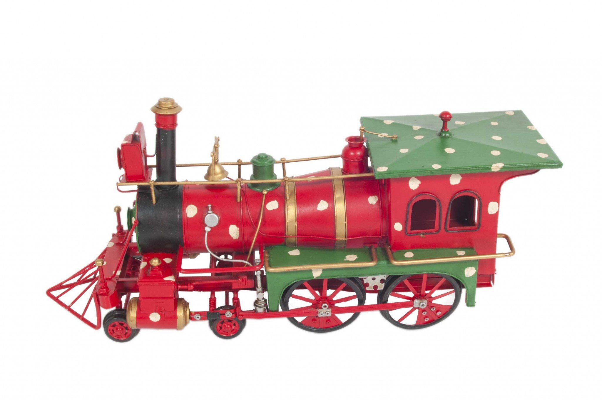 A beautifully crafted Handmade Tin Christmas Train Model in vibrant red, featuring intricate details like rolling wheels and a detachable caboose.