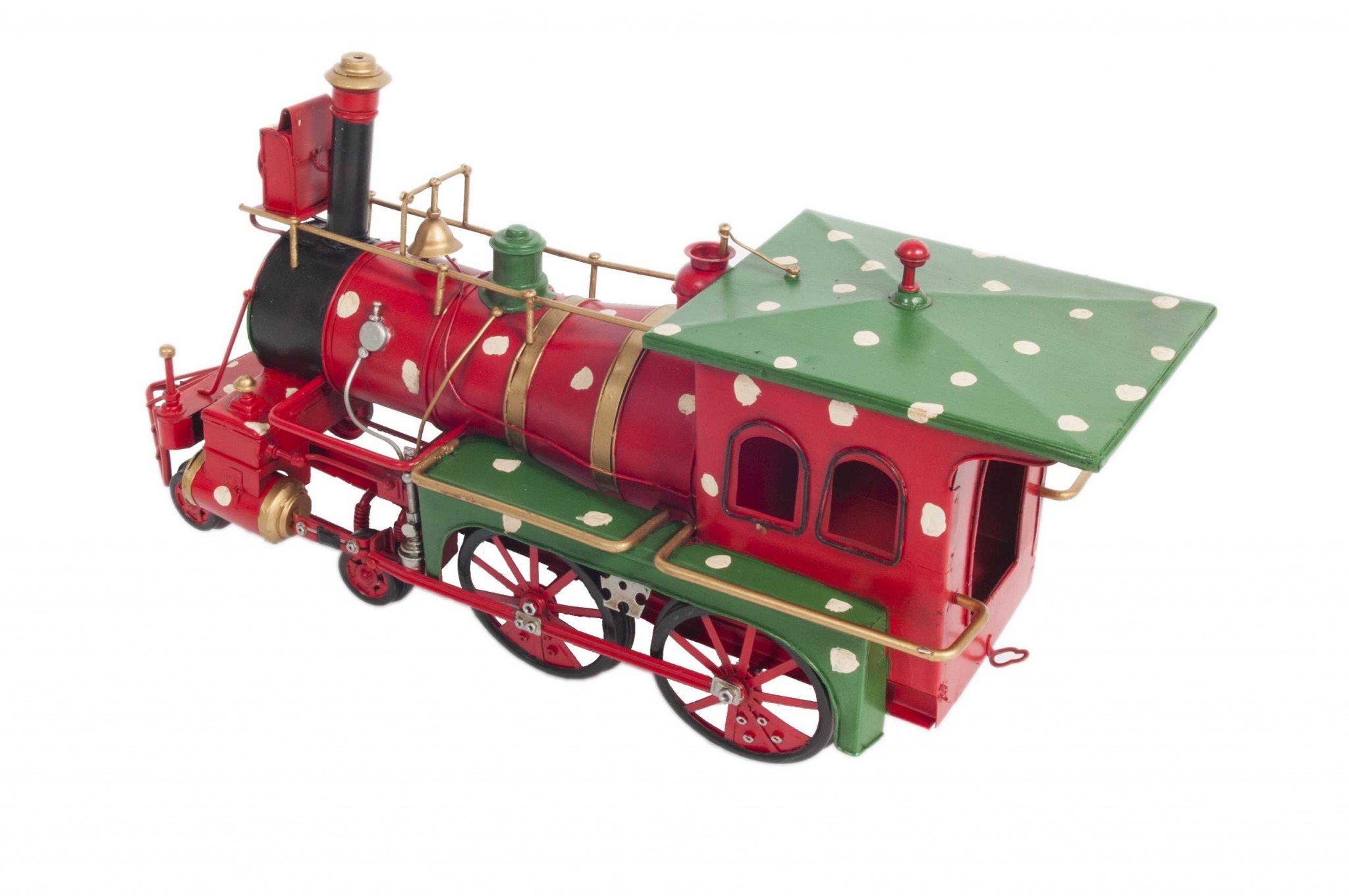 A beautifully crafted Handmade Tin Christmas Train Model in vibrant red, featuring intricate details like rolling wheels and a detachable caboose.