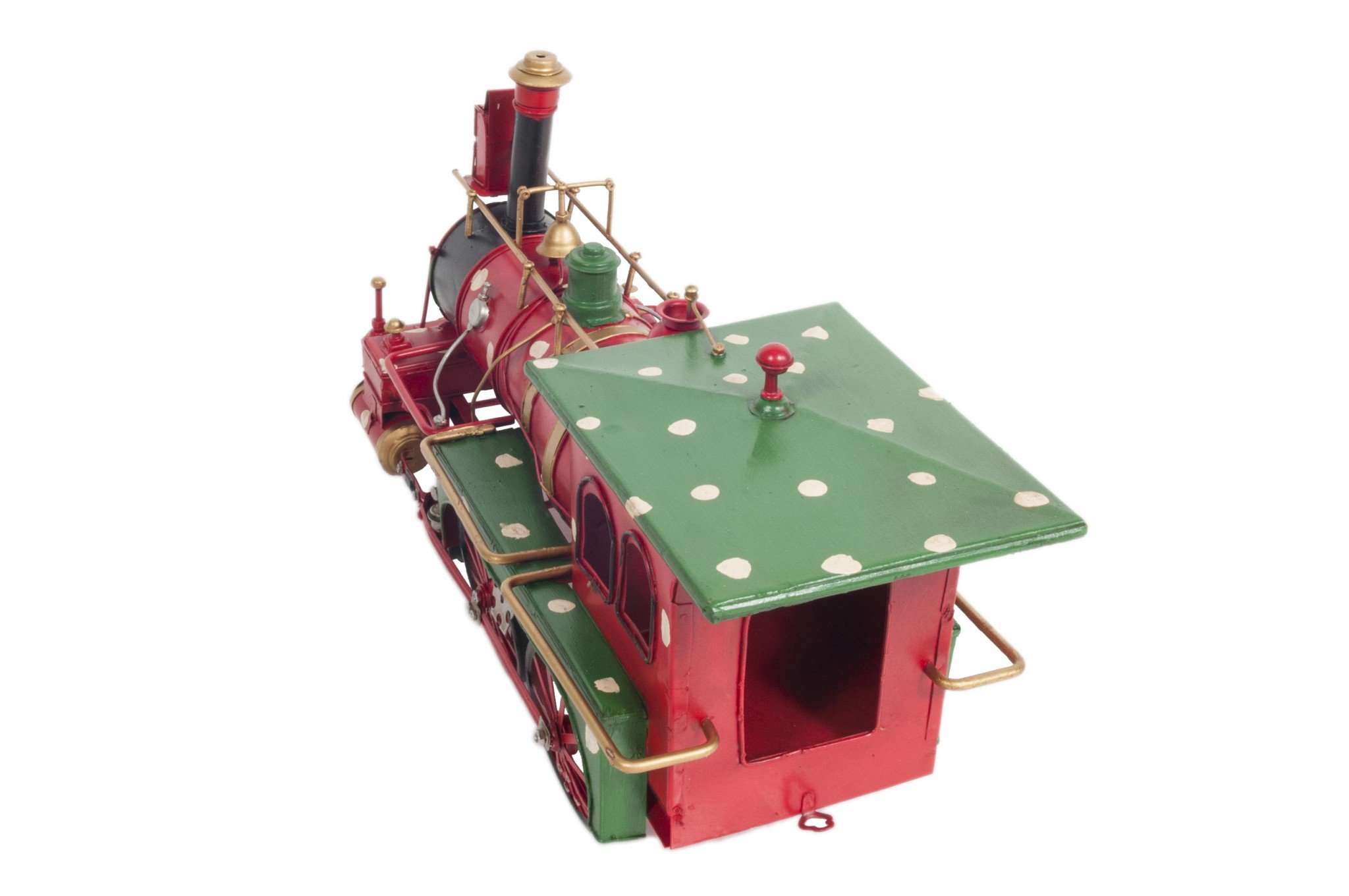 A beautifully crafted Handmade Tin Christmas Train Model in vibrant red, featuring intricate details like rolling wheels and a detachable caboose.