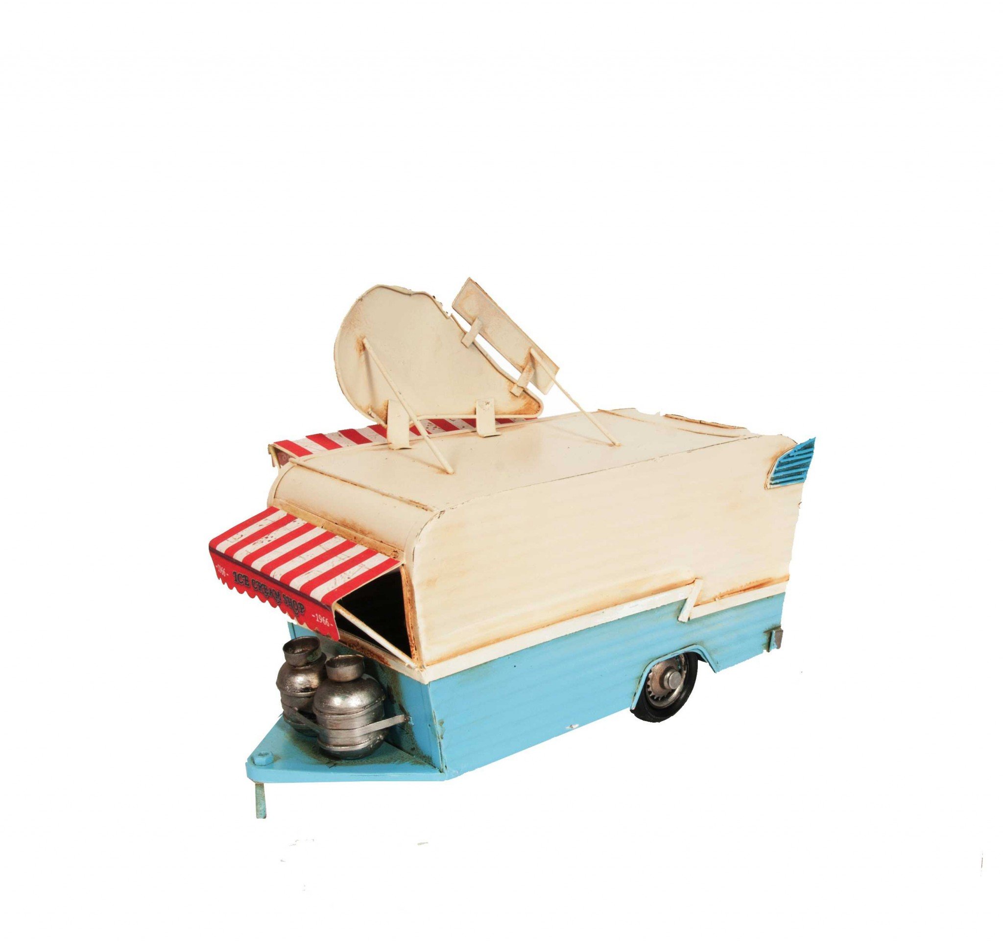 A detailed handmade metal model of an ice cream trailer featuring vibrant signs, a freezer, and turnable wheels.