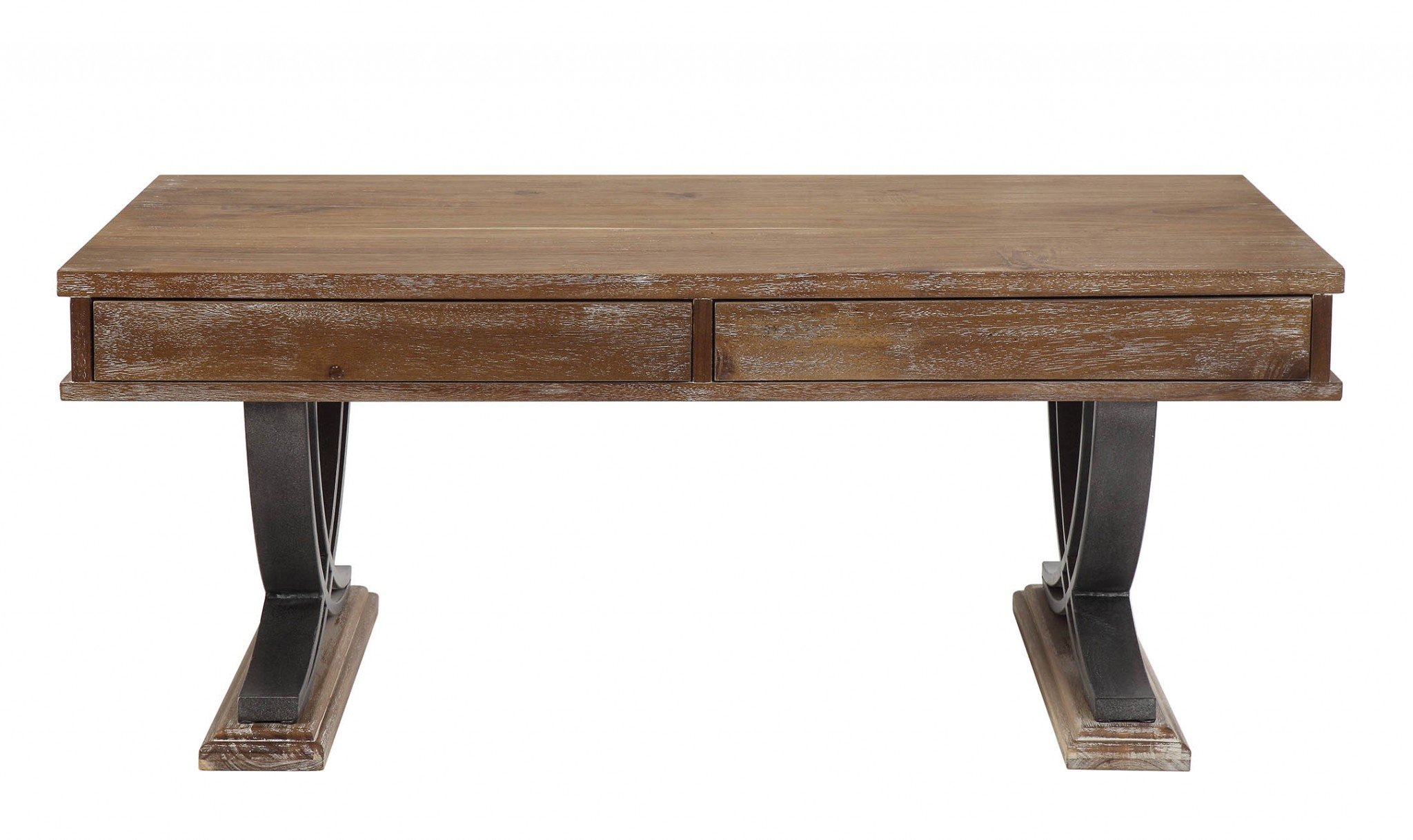 Industrial style coffee table with antiqued oak finish and black metal accents, featuring a wide tabletop and two pull-out drawers for storage.