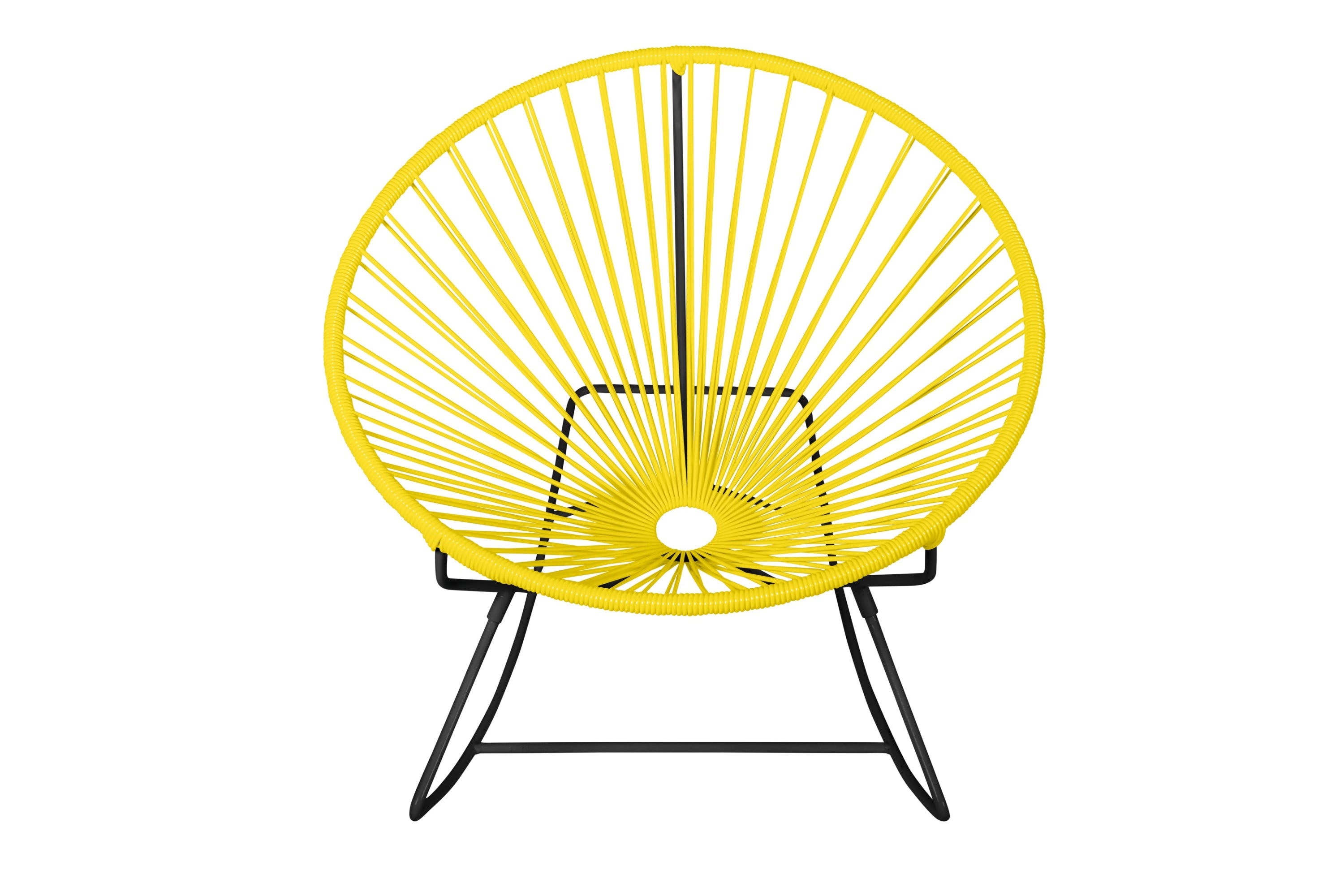 Innit Rocking Chair featuring a modern design with a round profile, made of durable powder-coated steel and colorful woven vinyl cord.