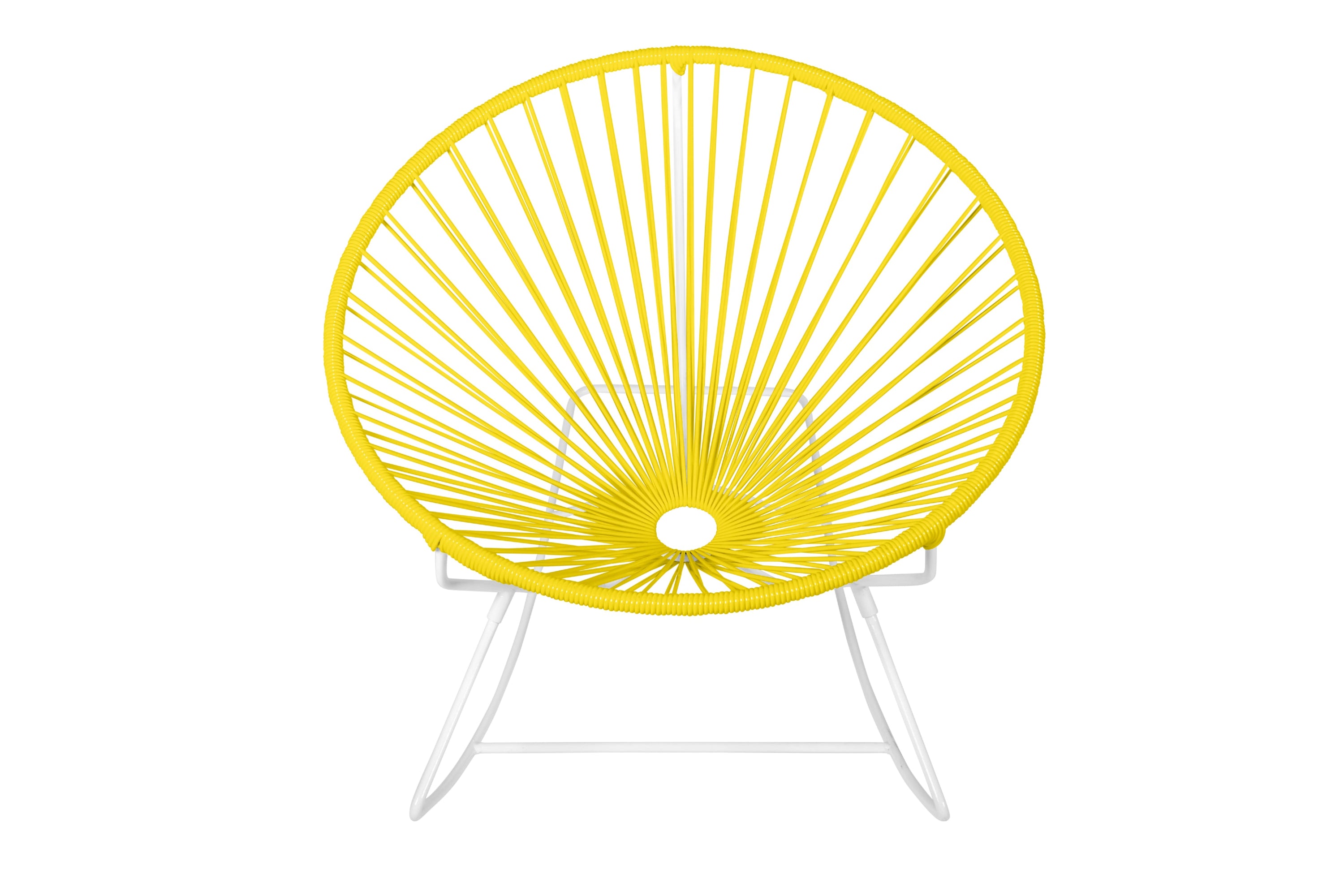 Innit Rocking Chair featuring a modern design with a round profile, made of durable powder-coated steel and colorful woven vinyl cord.