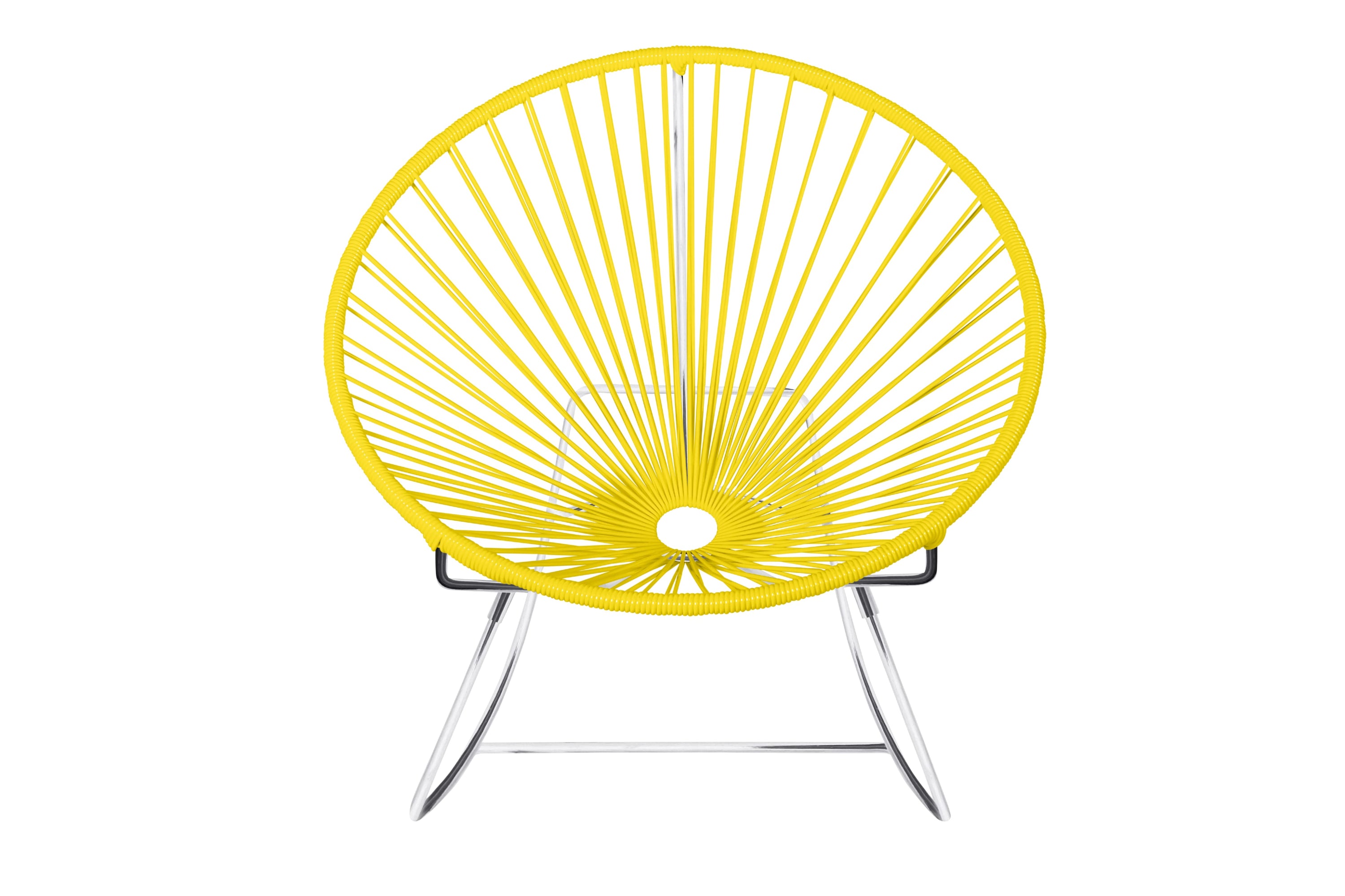 Innit Rocking Chair featuring a modern design with a round profile, made of durable powder-coated steel and colorful woven vinyl cord.