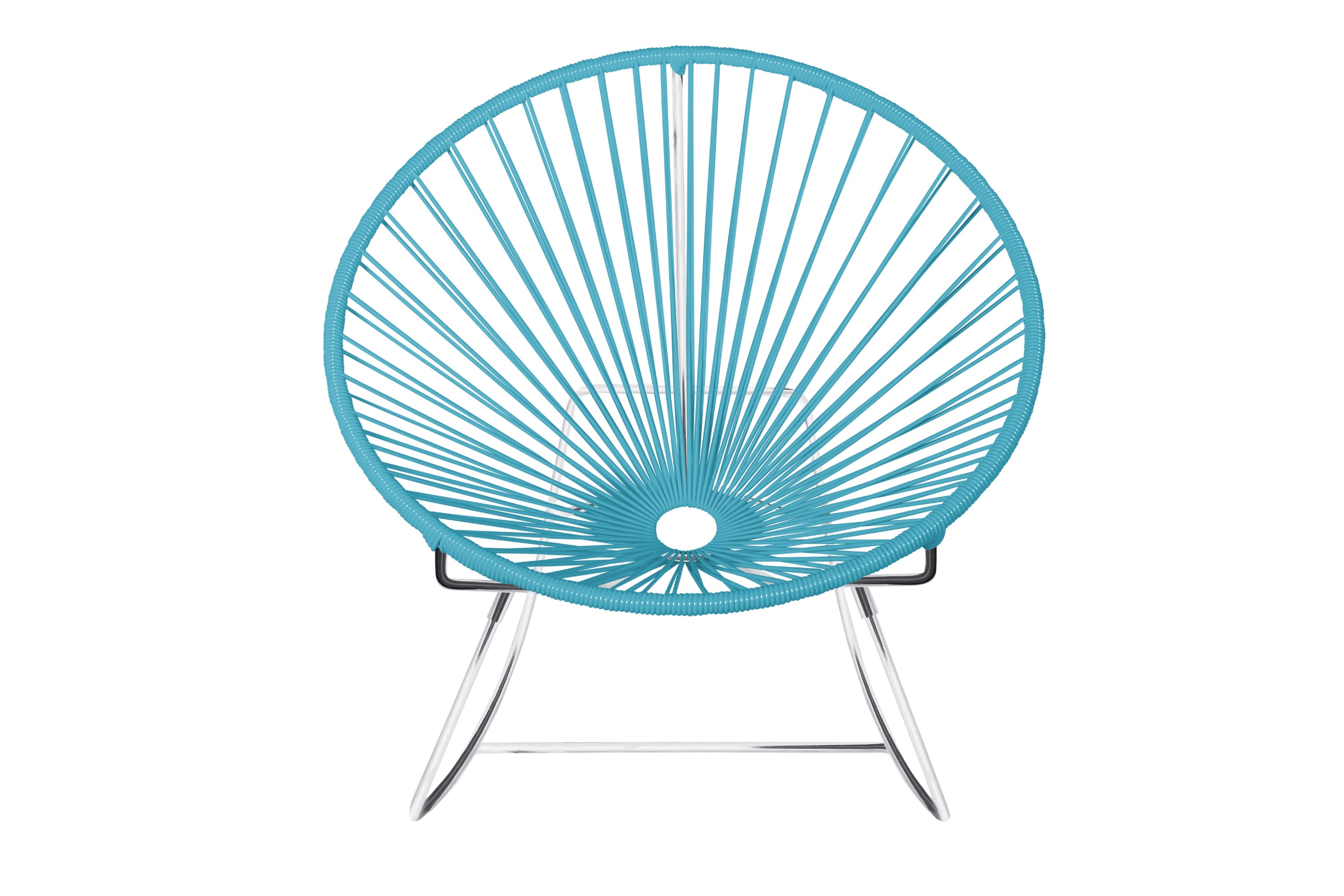 Innit Rocking Chair featuring a modern design with a round profile, made of durable powder-coated steel and colorful woven vinyl cord.