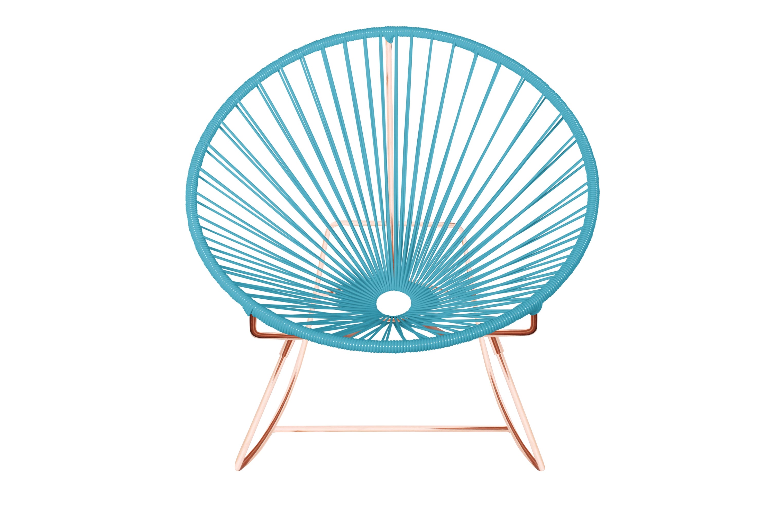 Innit Rocking Chair featuring a modern design with a round profile, made of durable powder-coated steel and colorful woven vinyl cord.