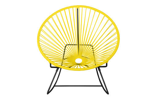 Innit Rocking Chair featuring a modern design with a round profile, made of durable powder-coated steel and colorful woven vinyl cord.