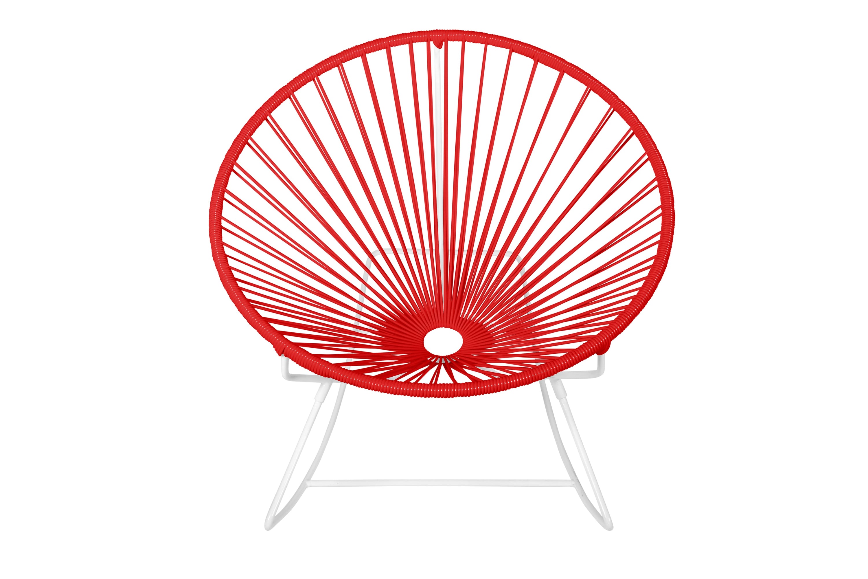 Innit Rocking Chair featuring a modern design with a round profile, made of durable powder-coated steel and colorful woven vinyl cord.