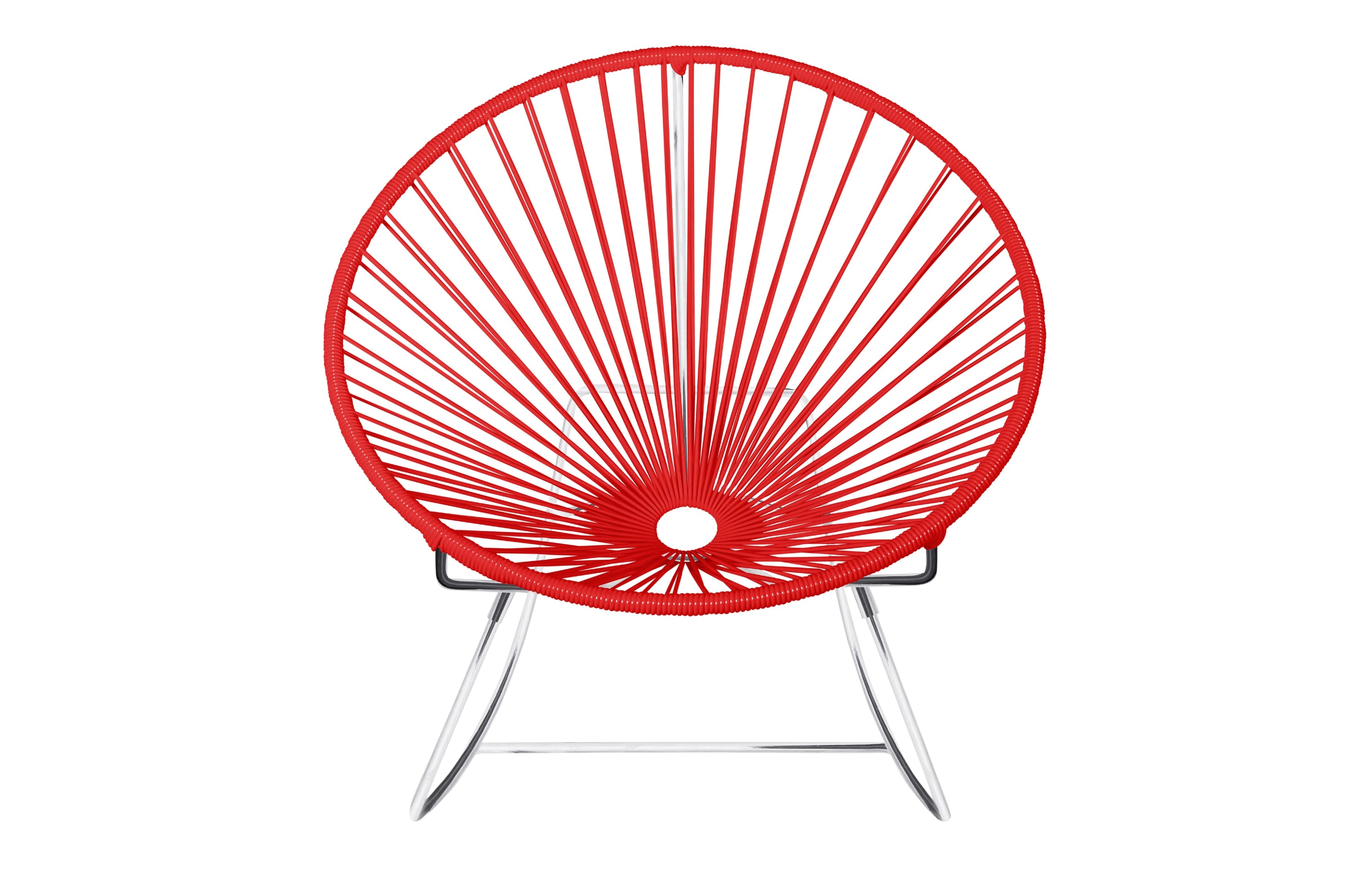 Innit Rocking Chair featuring a modern design with a round profile, made of durable powder-coated steel and colorful woven vinyl cord.