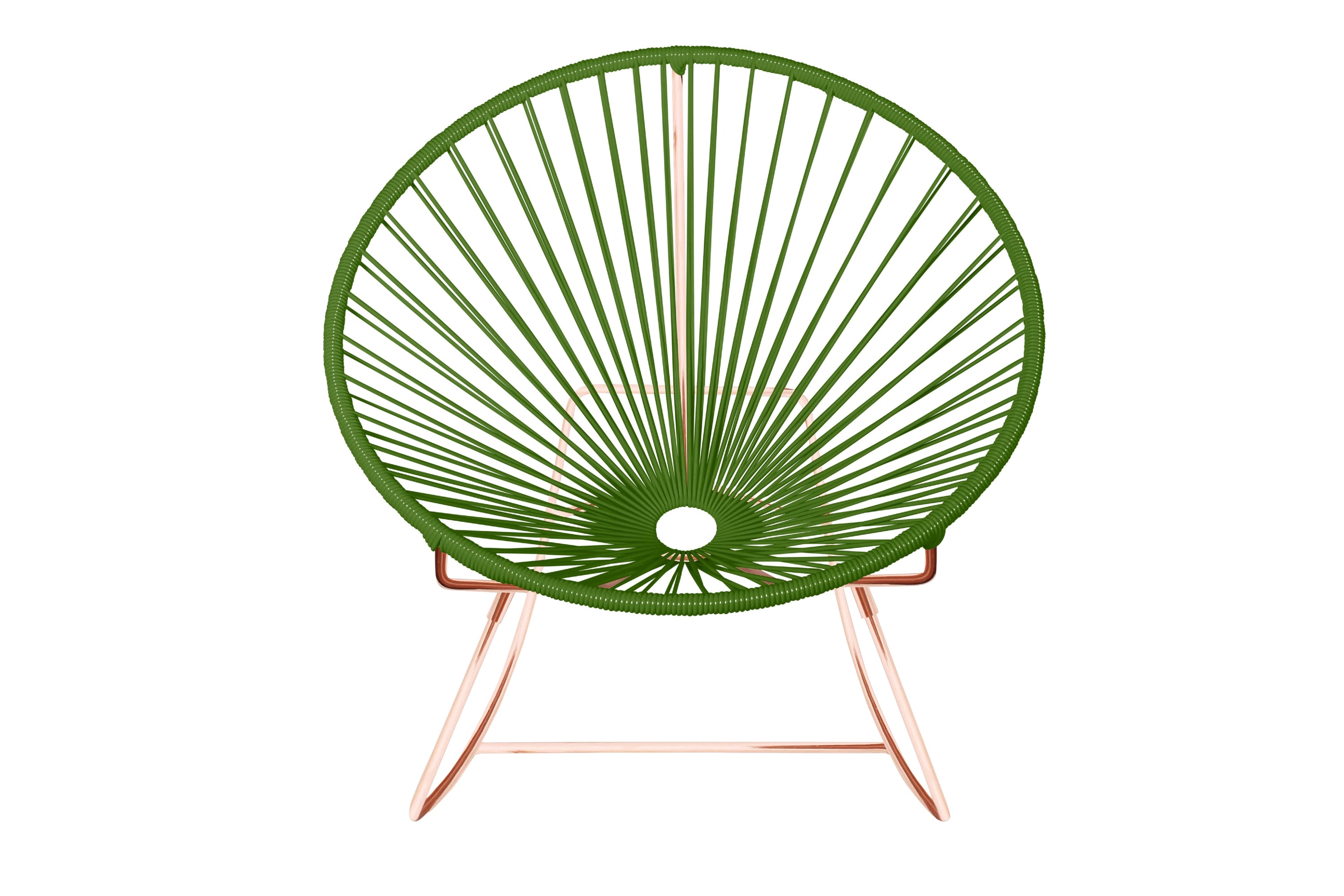 Innit Rocking Chair featuring a modern design with a round profile, made of durable powder-coated steel and colorful woven vinyl cord.